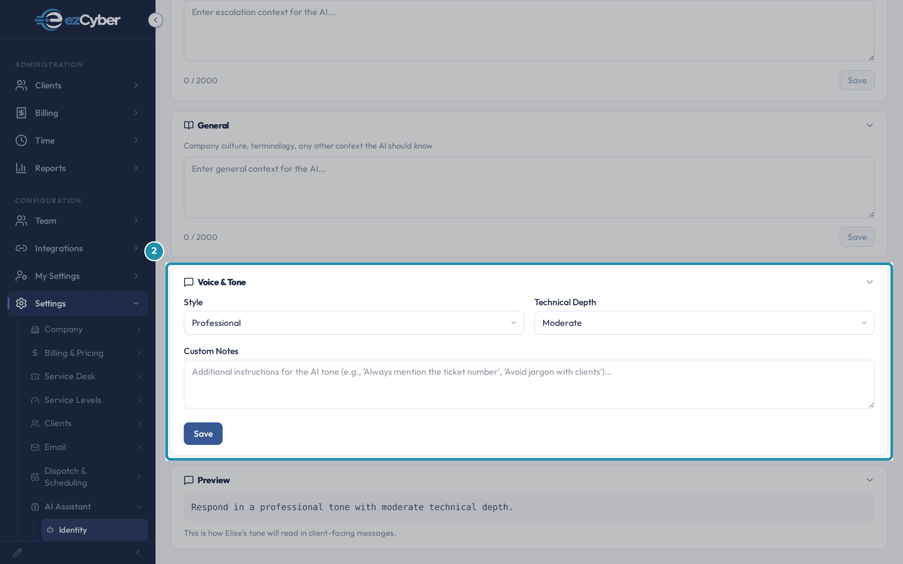 The Identity page's Voice & Tone card: Style set to Professional, Technical Depth set to Moderate, an empty Custom Notes box, and its own Save button.