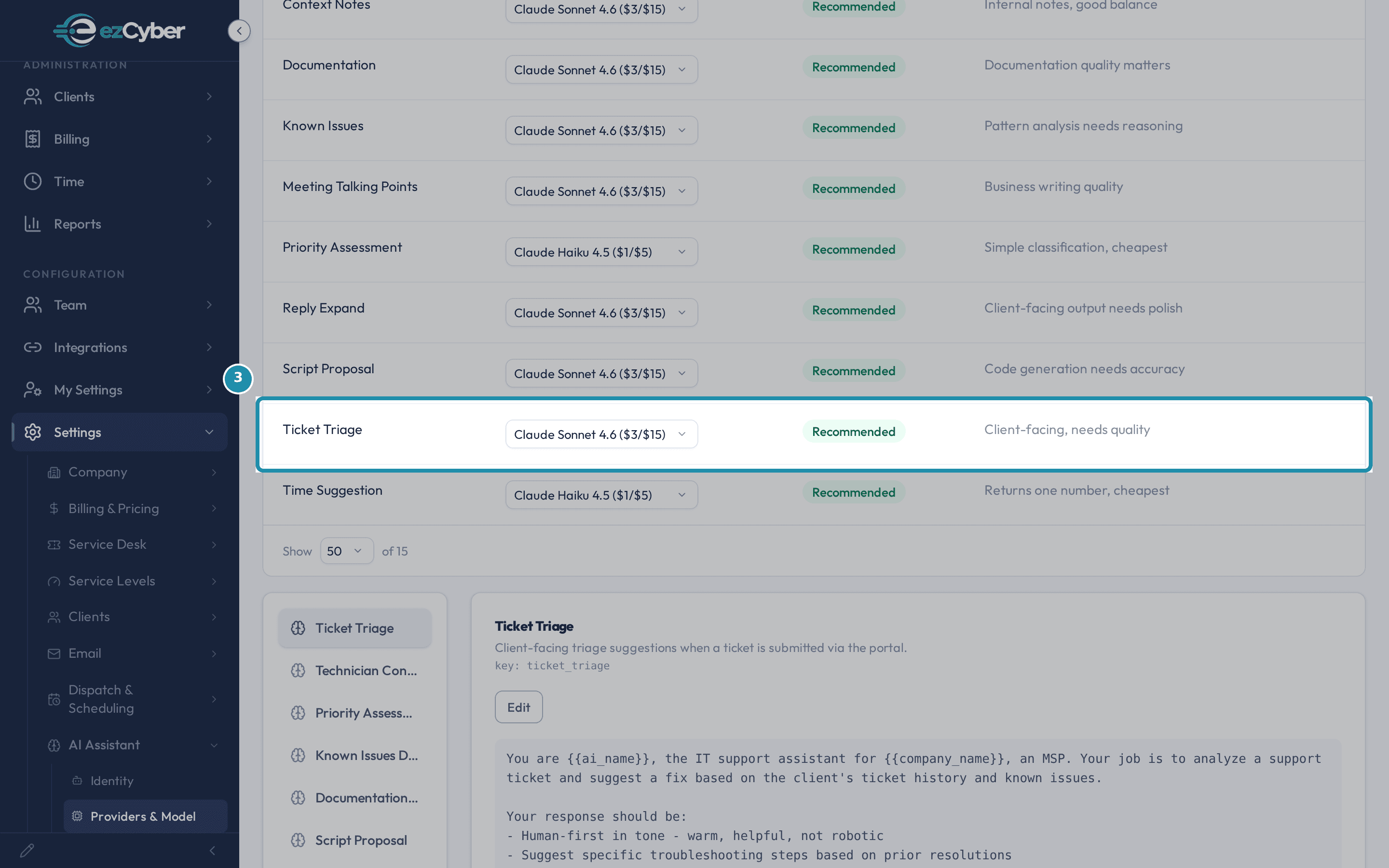 The AI Model Assignments table's Ticket Triage row: model Claude Sonnet 4.6 ($3/$15), status Recommended, reason Client-facing, needs quality.