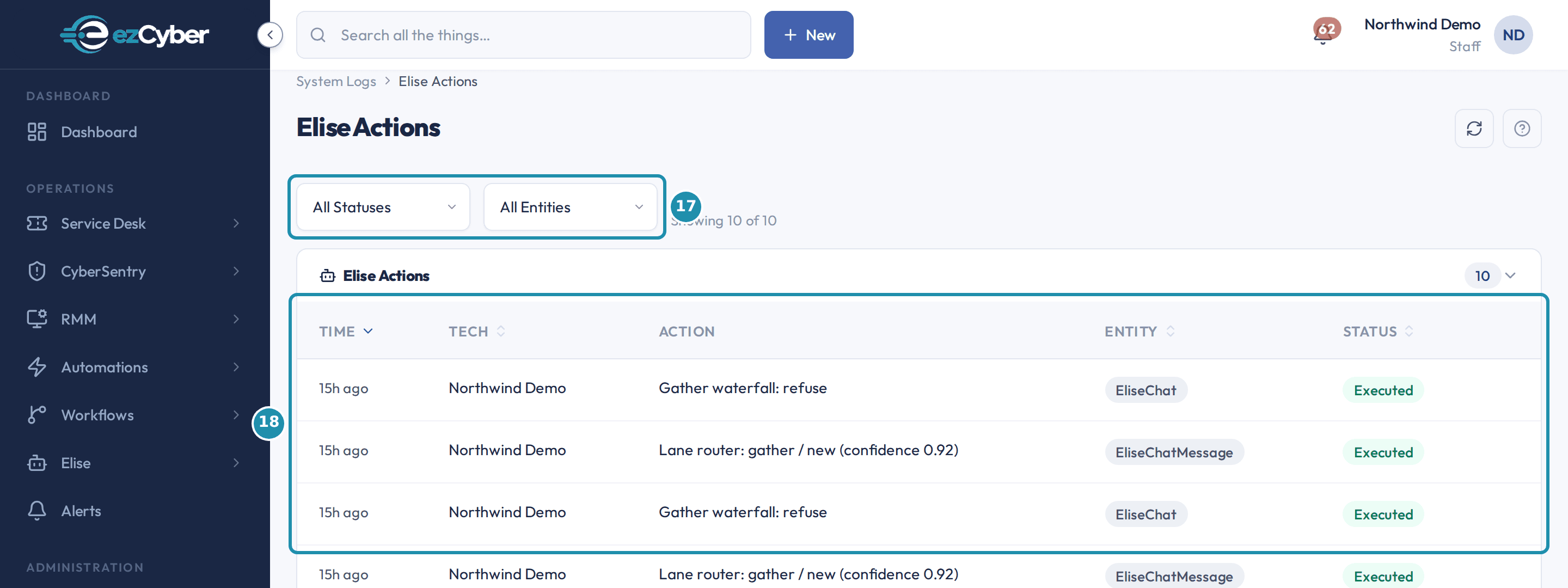 The Elise Actions page with numbered badges on its Status and Entity filters and its table of Elise action rows.