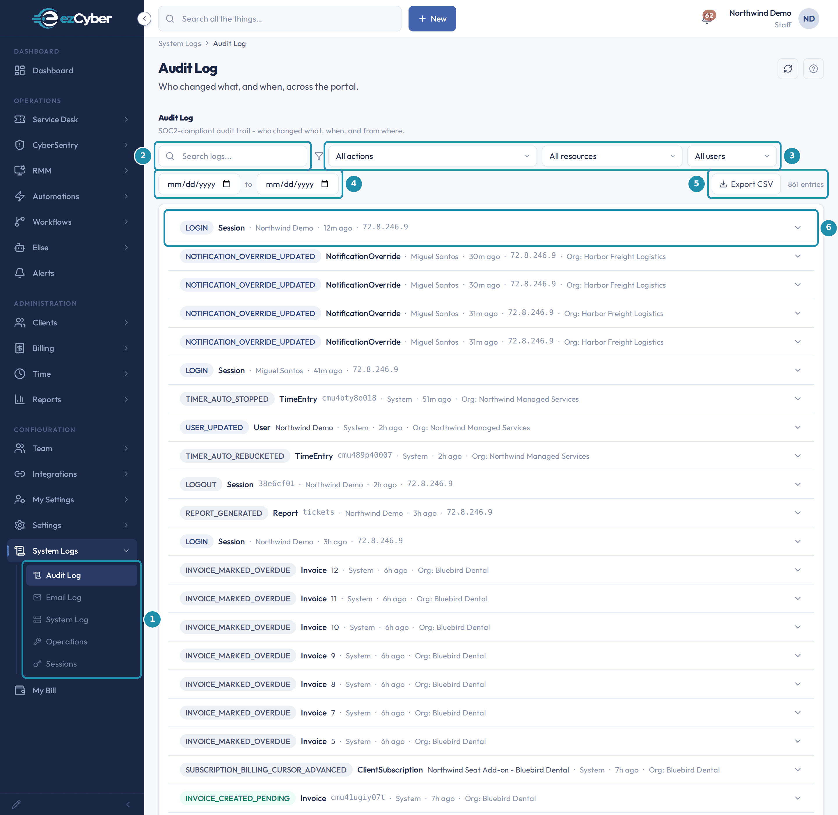 The Audit Log page with numbered badges on the System Logs stream list, the search box, the action, resource and user filters, the date range, Export CSV and the entries count, and one collapsed log entry row.