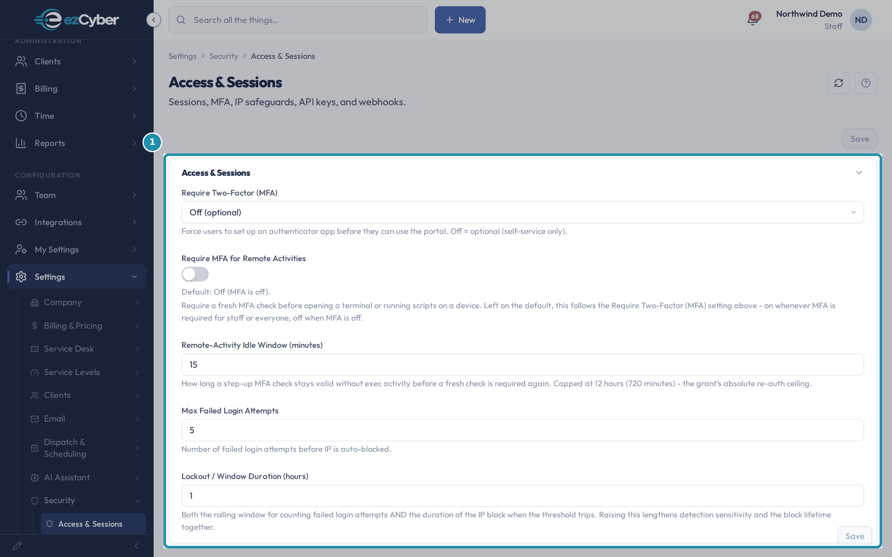 The Access & Sessions page's top card: Require Two-Factor (MFA) set to Off (optional), Require MFA for Remote Activities off, Remote-Activity Idle Window at 15, Max Failed Login Attempts at 5, and Lockout / Window Duration at 1 hour.