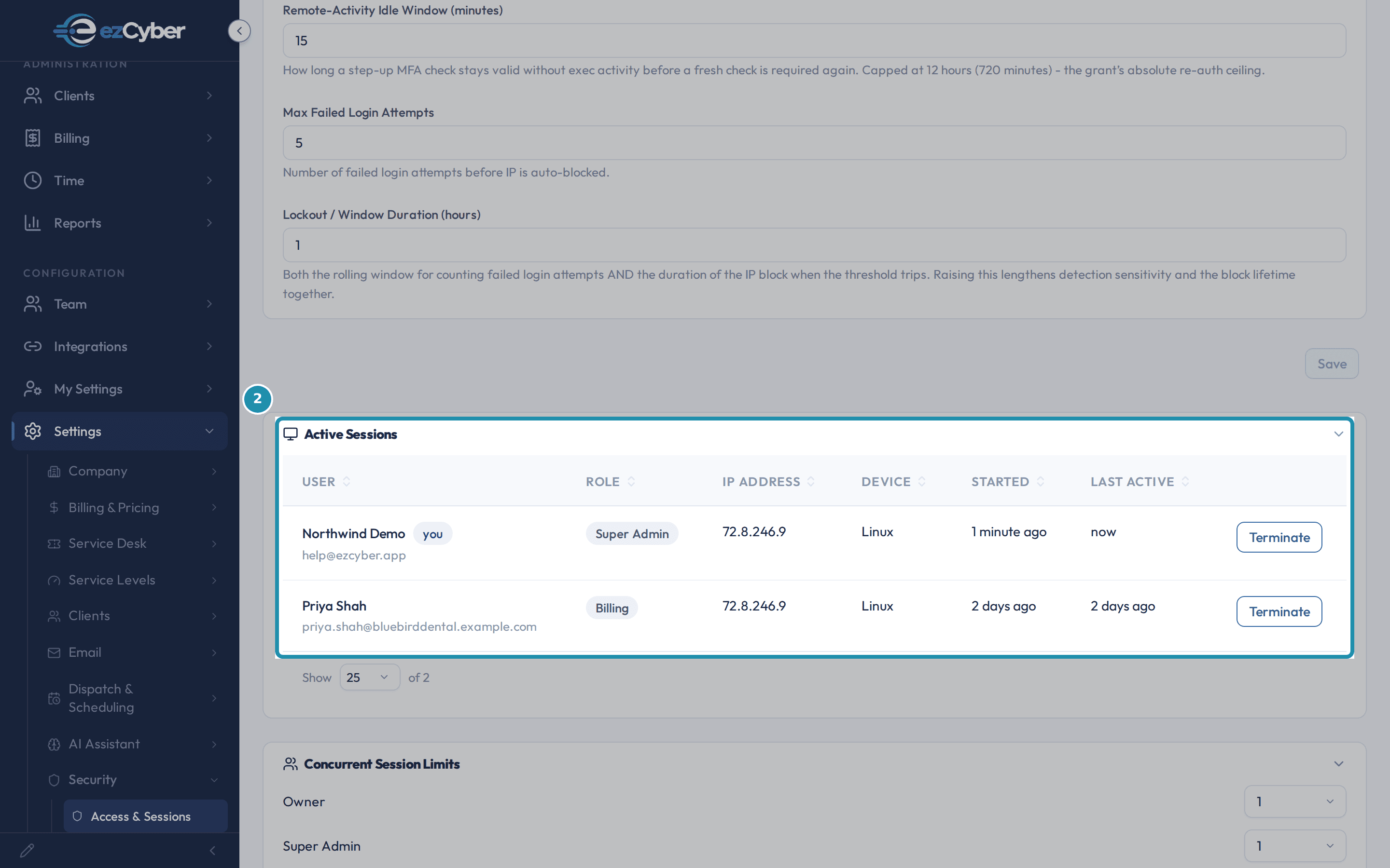 The Active Sessions table listing Northwind Demo (you, Super Admin) and Priya Shah (Billing), each with IP address, device, started and last active times, and a Terminate button.