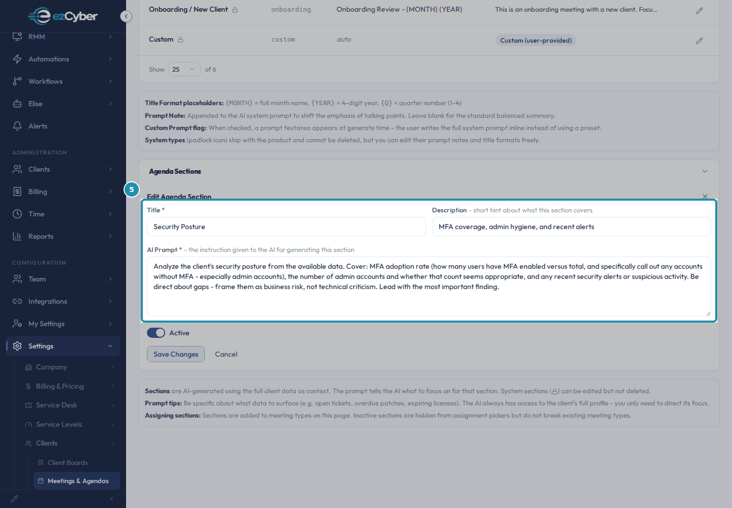 The Title, Description, and AI Prompt fields on the Edit Agenda Section panel, boxed, showing Security Posture's own title, description, and full prompt text.