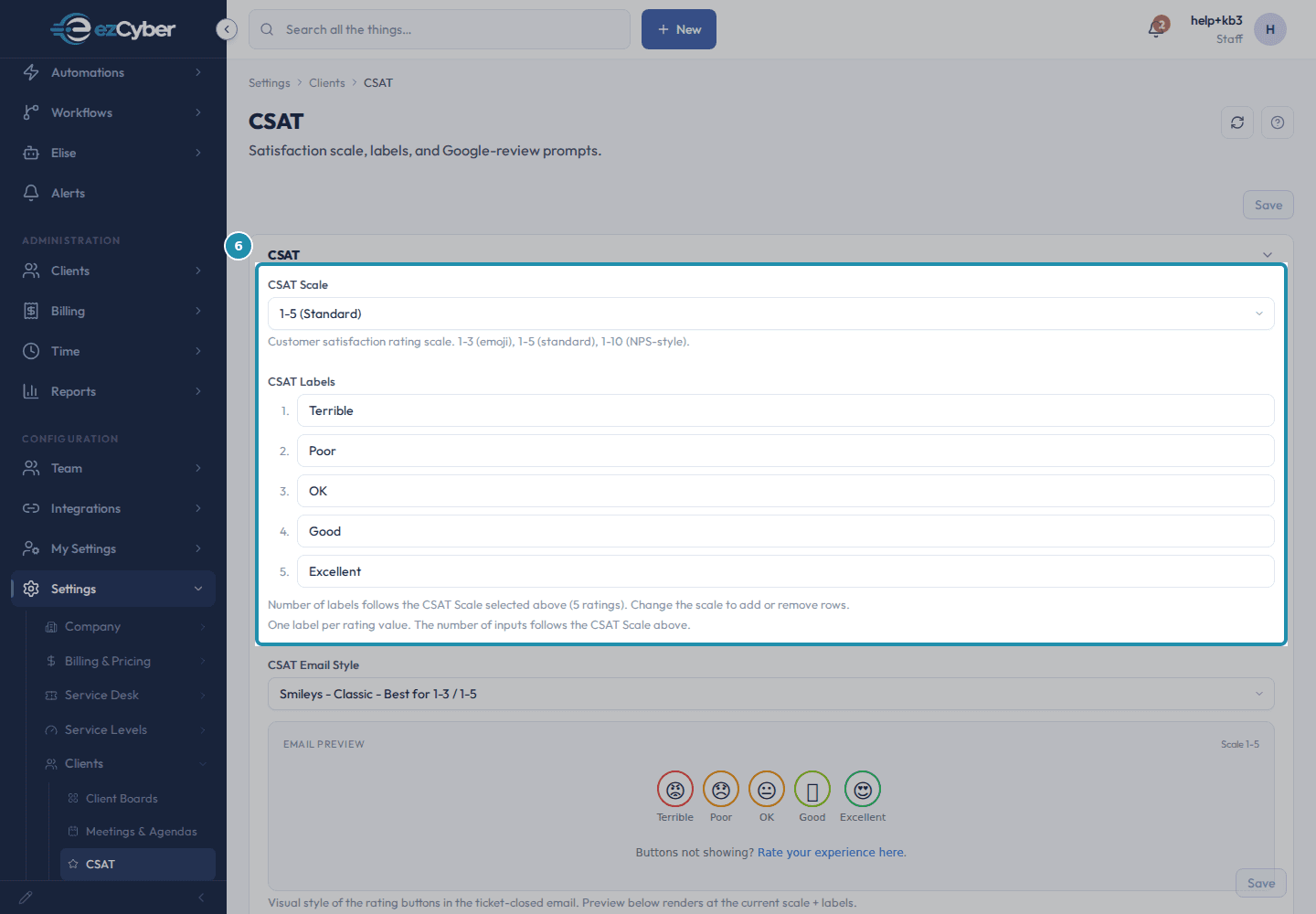 The CSAT Scale dropdown and the five CSAT Labels inputs on the CSAT page, boxed, showing 1-5 (Standard) selected and the labels Terrible, Poor, OK, Good, and Excellent.