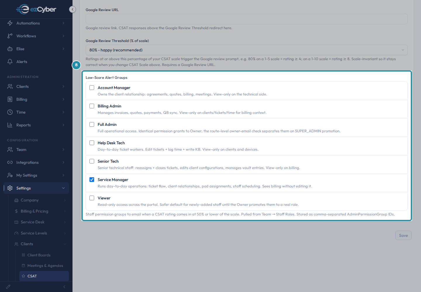 The Low-Score Alert Groups list on the CSAT page, boxed, showing Service Manager checked right after a save.