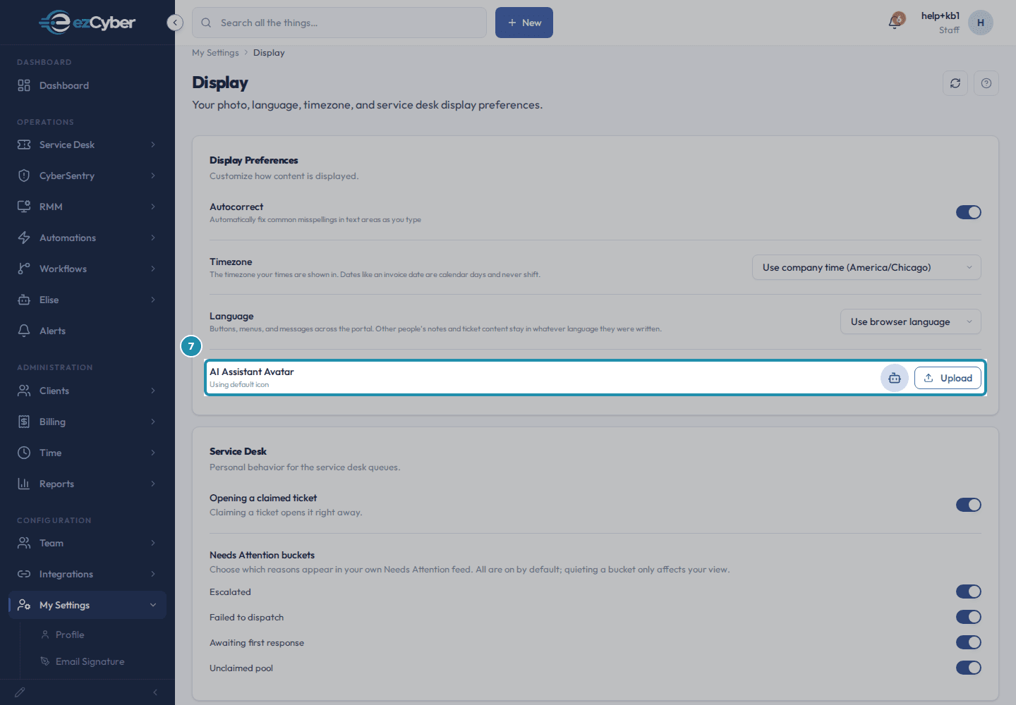 The AI Assistant Avatar row reading Using default icon, with its bot icon and an Upload button.