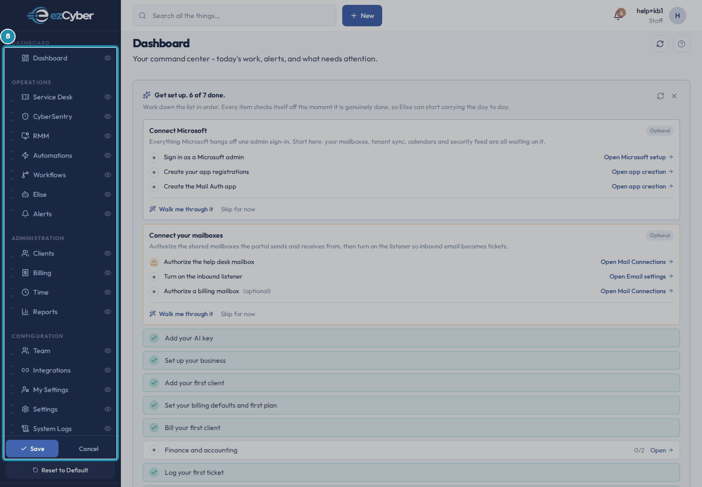 The sidebar in Customize sidebar edit mode, each item carrying up and down arrows and an eye icon, with Save, Cancel and Reset to Default at the bottom.