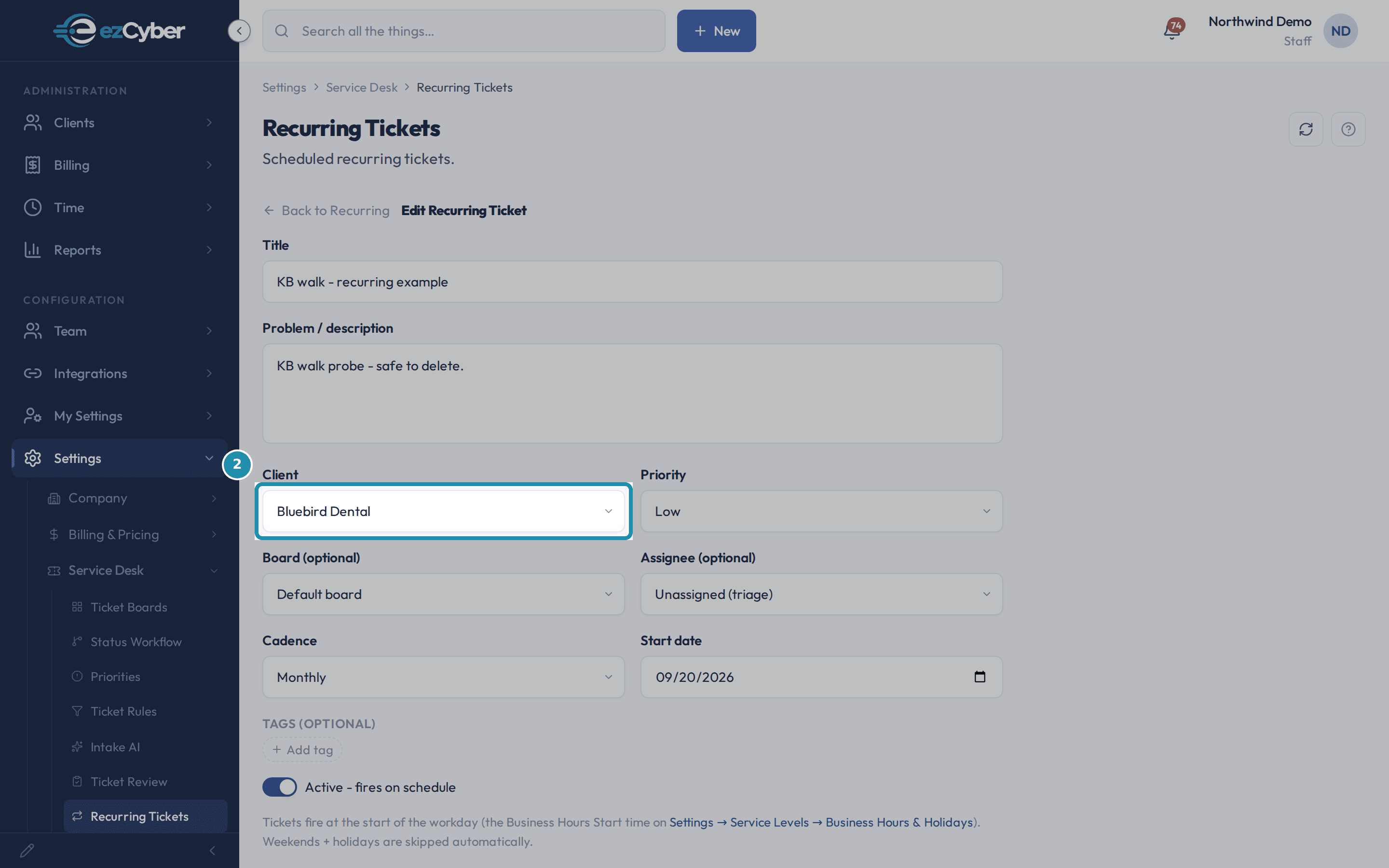The Client dropdown set to Bluebird Dental on the Recurring Ticket form.