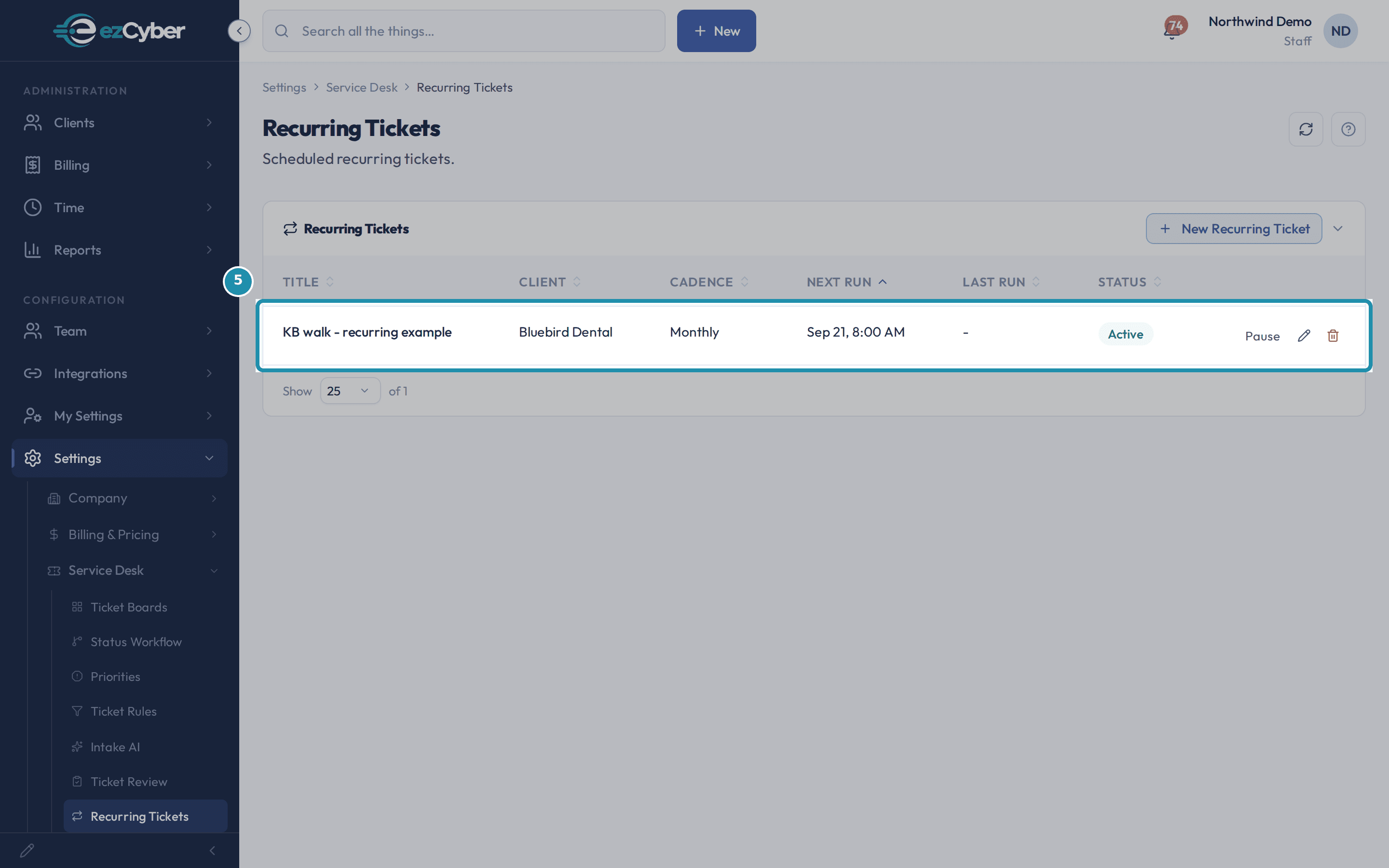 The Recurring Tickets list showing KB walk - recurring example, Bluebird Dental, Monthly, Next Run Sep 21, 8:00 AM, status Active.