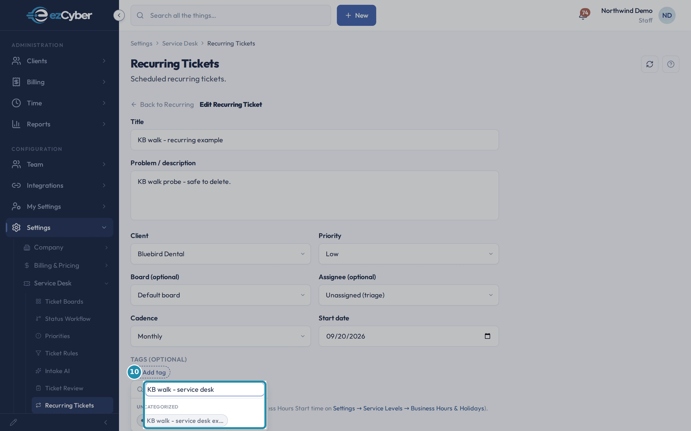 The Recurring Ticket's tag picker with KB walk - service desk example already showing as a match for the typed search.