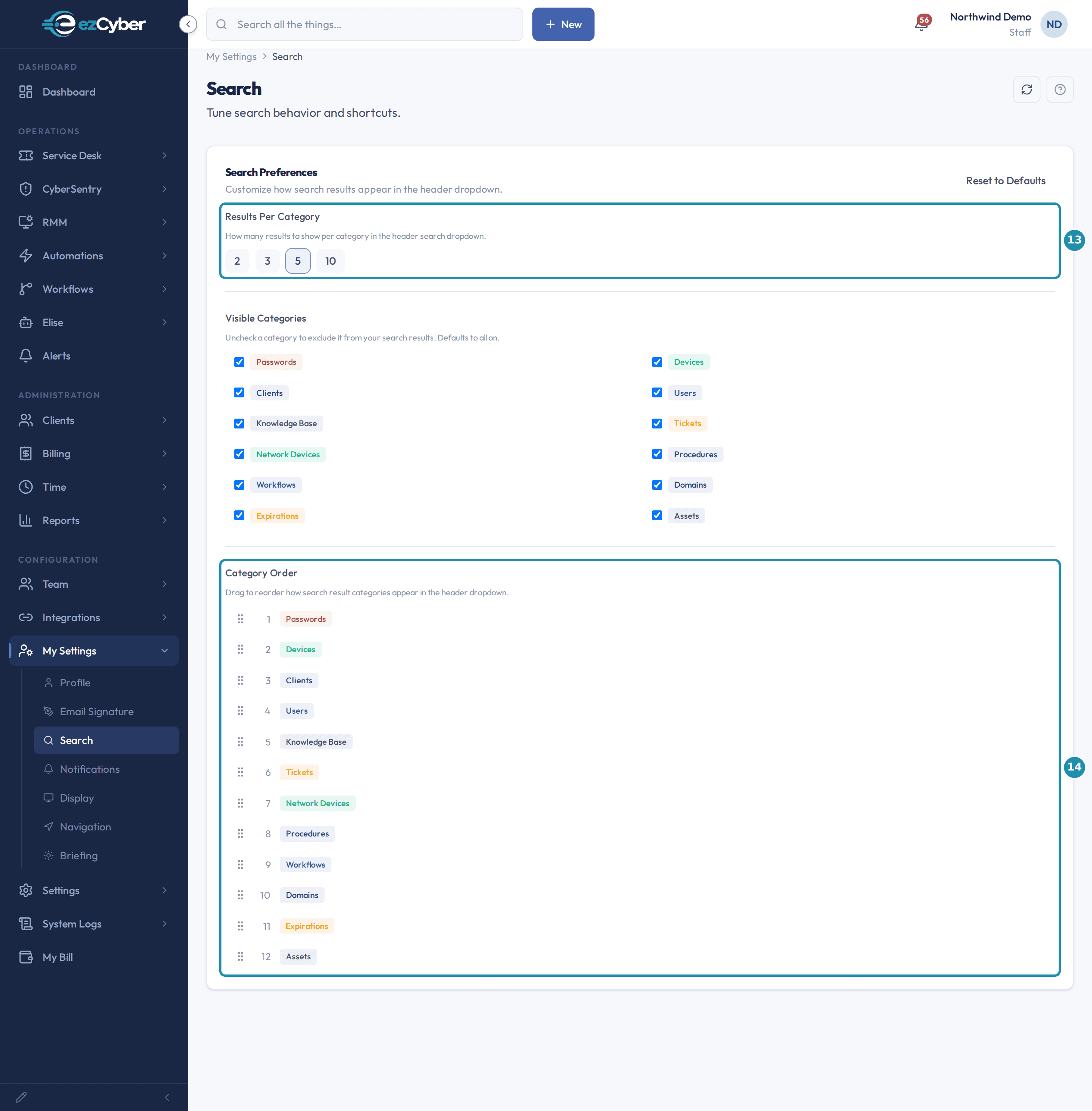 The Search page under My Settings, with a numbered badge on Results Per Category and on the Category Order list running from Passwords to Assets.