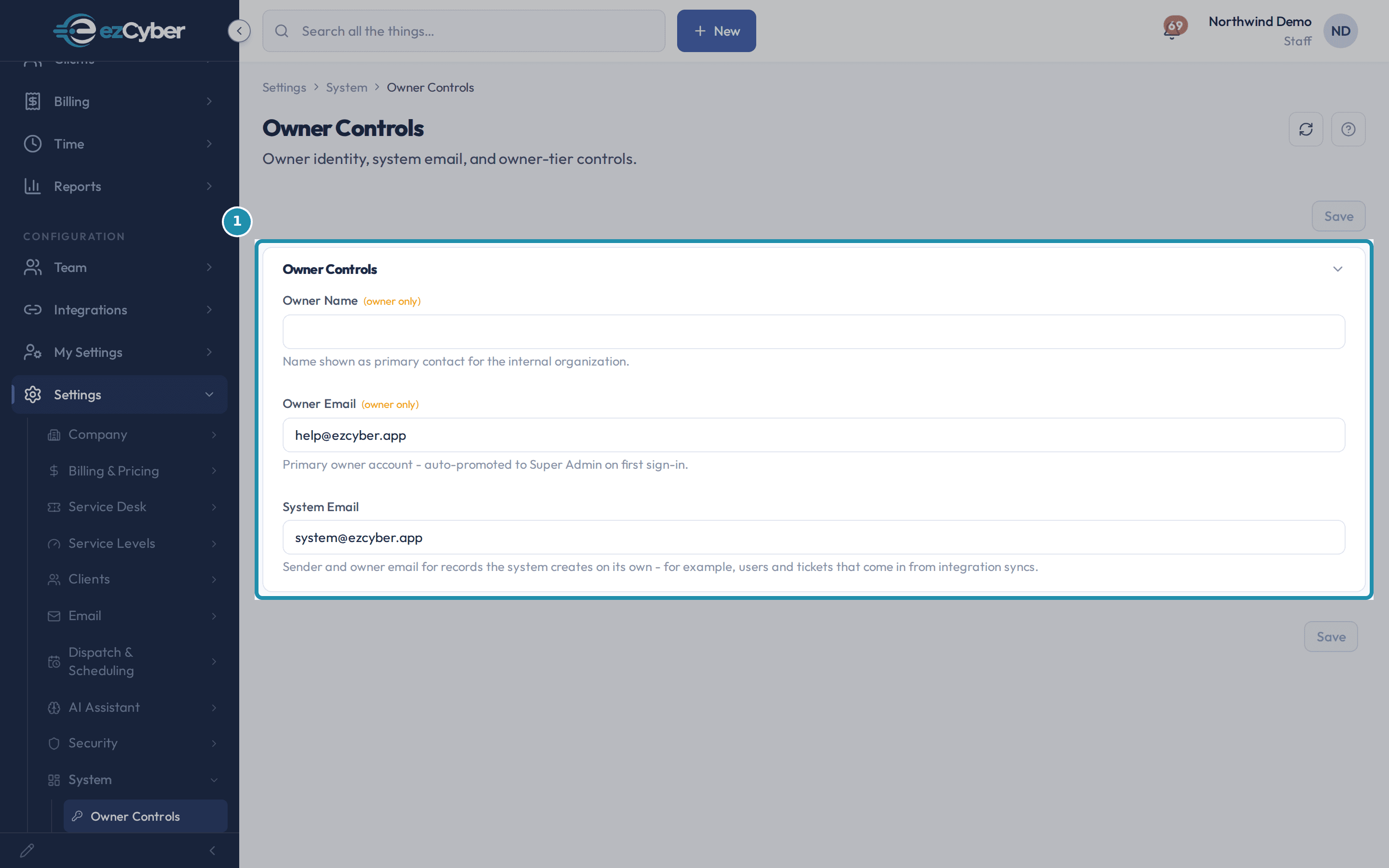 The Owner Controls card: Owner Name (owner only, blank on this tenant), Owner Email (owner only, help@ezcyber.app), and System Email (system@ezcyber.app).