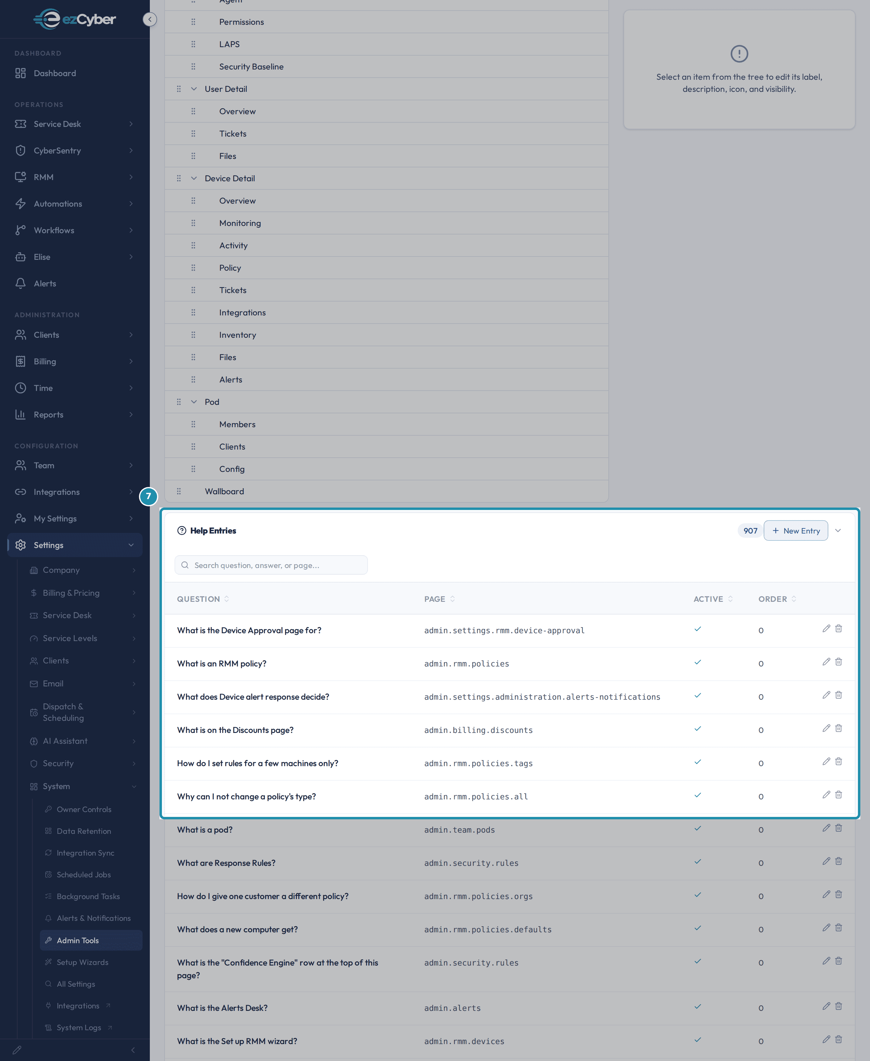 The Help Entries card: a New Entry button, a search box, and a table of questions with their Page navPath, Active check, and Order columns.
