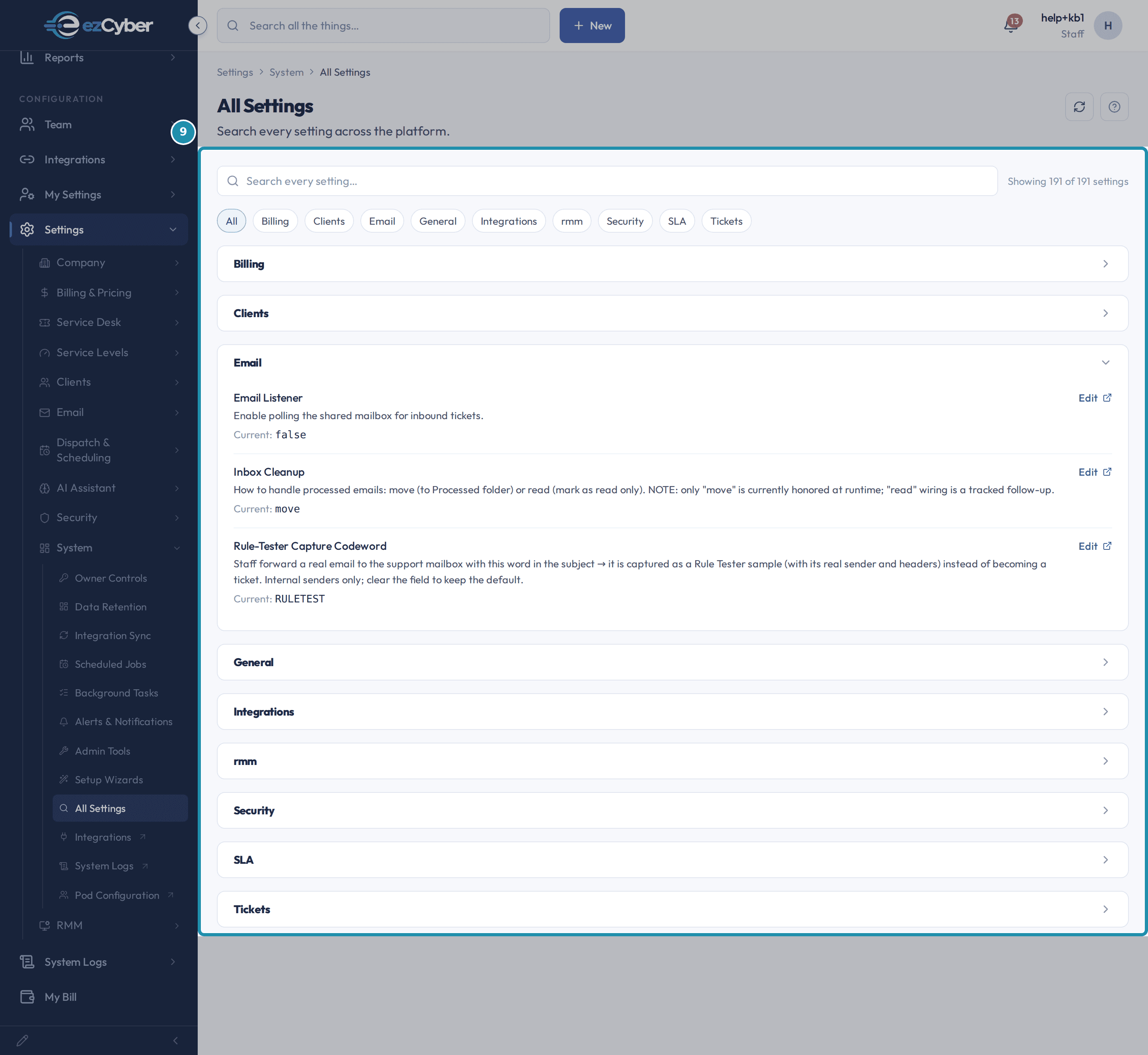 All Settings with the Email category expanded: Email Listener (false), Inbox Cleanup (move), and Rule-Tester Capture Codeword (RULETEST), each with an Edit link, above the collapsed Billing, Clients, General, Integrations, rmm, Security, SLA and Tickets categories.