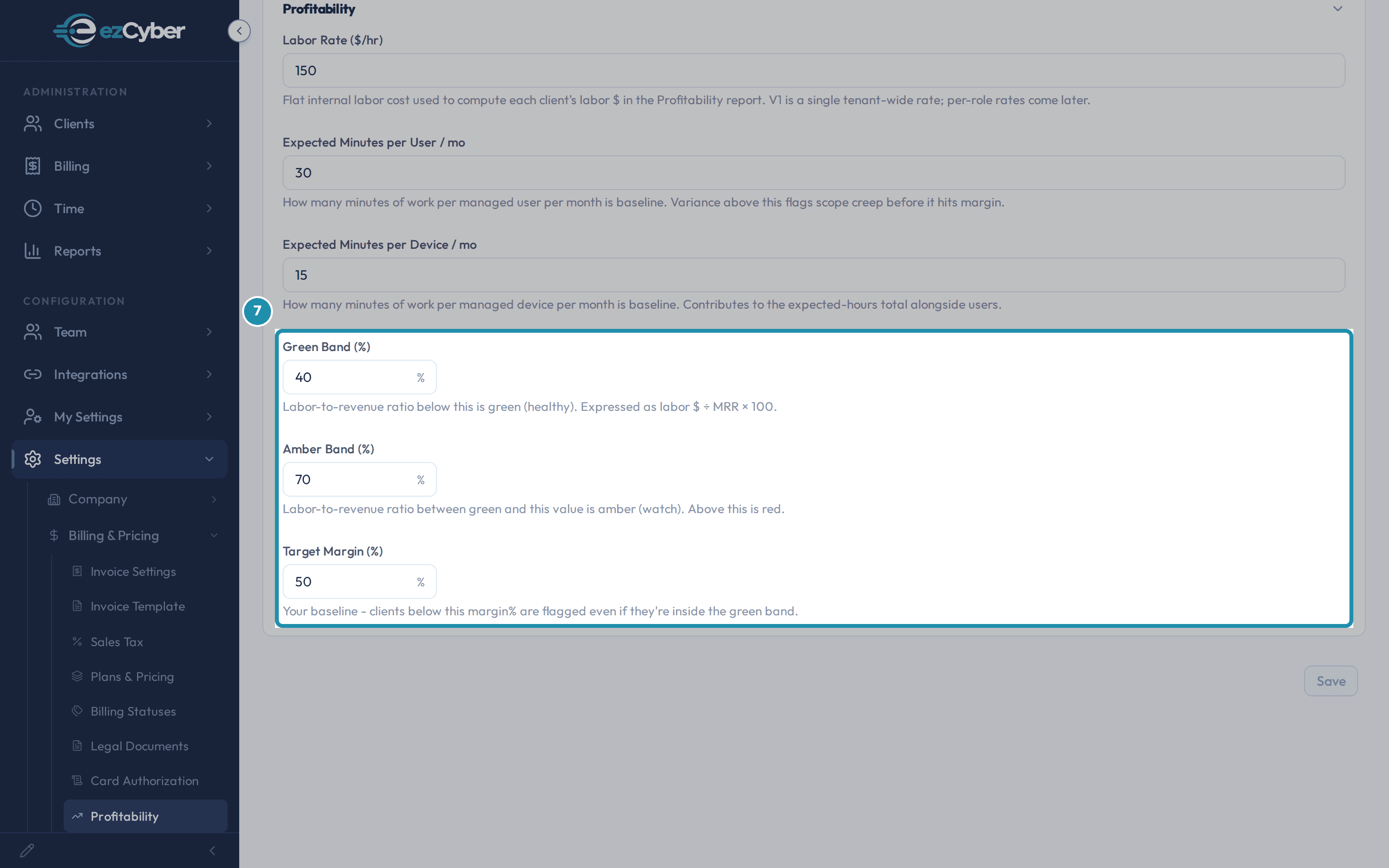 The Profitability page's Green Band, Amber Band, and Target Margin fields, boxed, showing the defaults 40, 70, and 50.