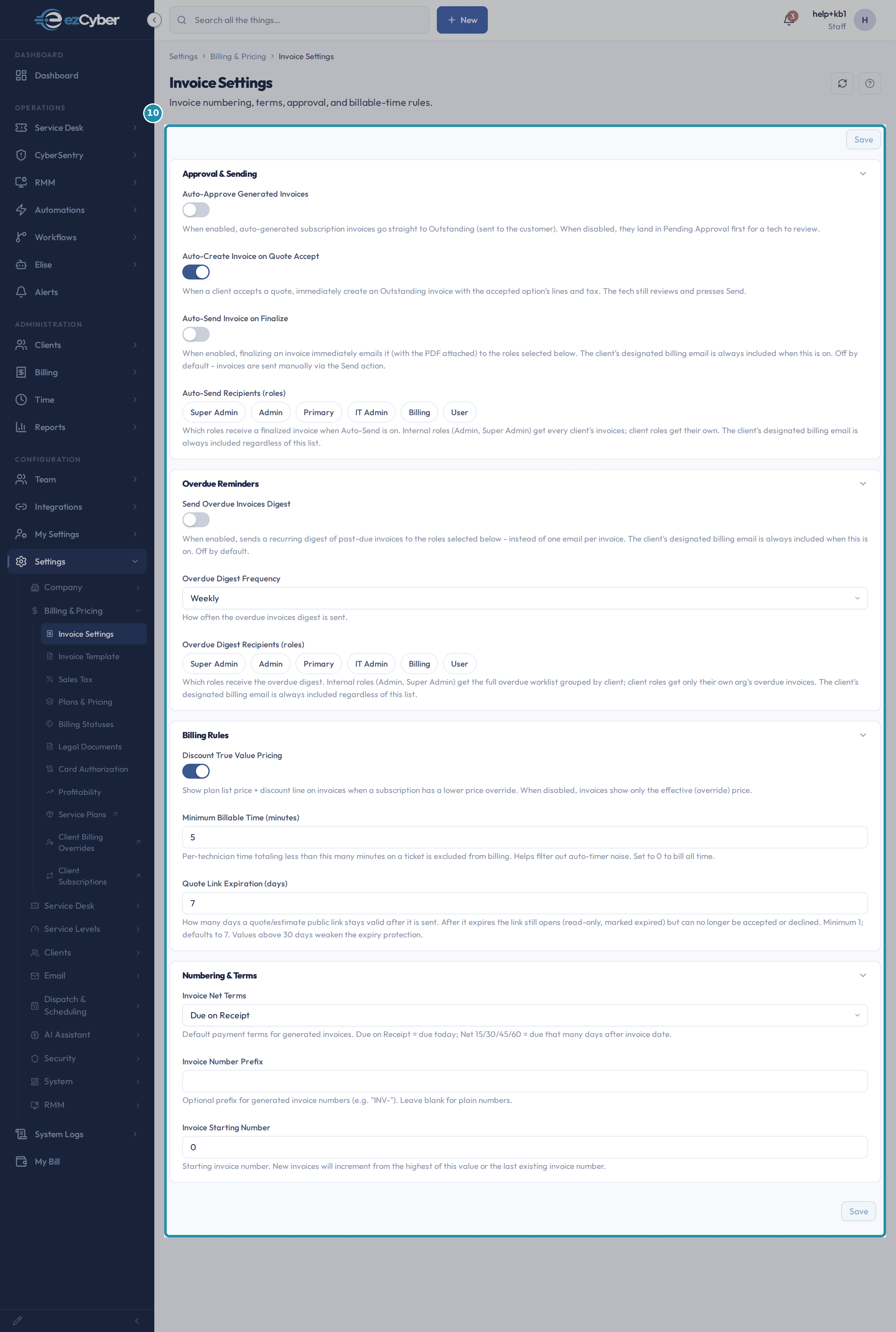 The Invoice Settings page with all four sections in frame - Approval & Sending, Overdue Reminders, Billing Rules, and Numbering & Terms - each field visible with its current value on this tenant.