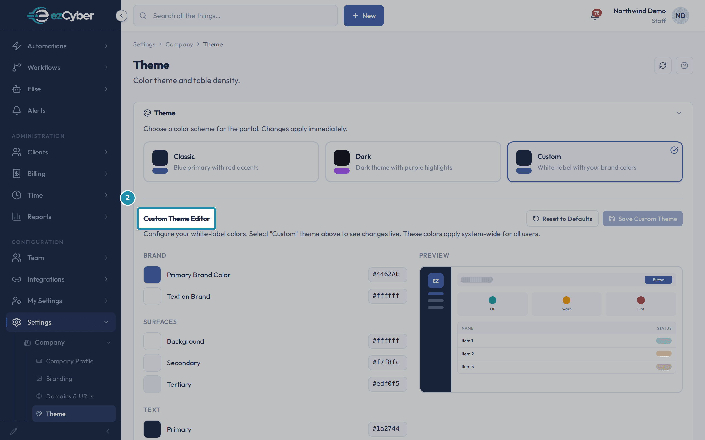 The Custom Theme Editor heading, boxed, revealed after selecting the Custom preset card above it, with Reset to Defaults and Save Custom Theme buttons to its right.