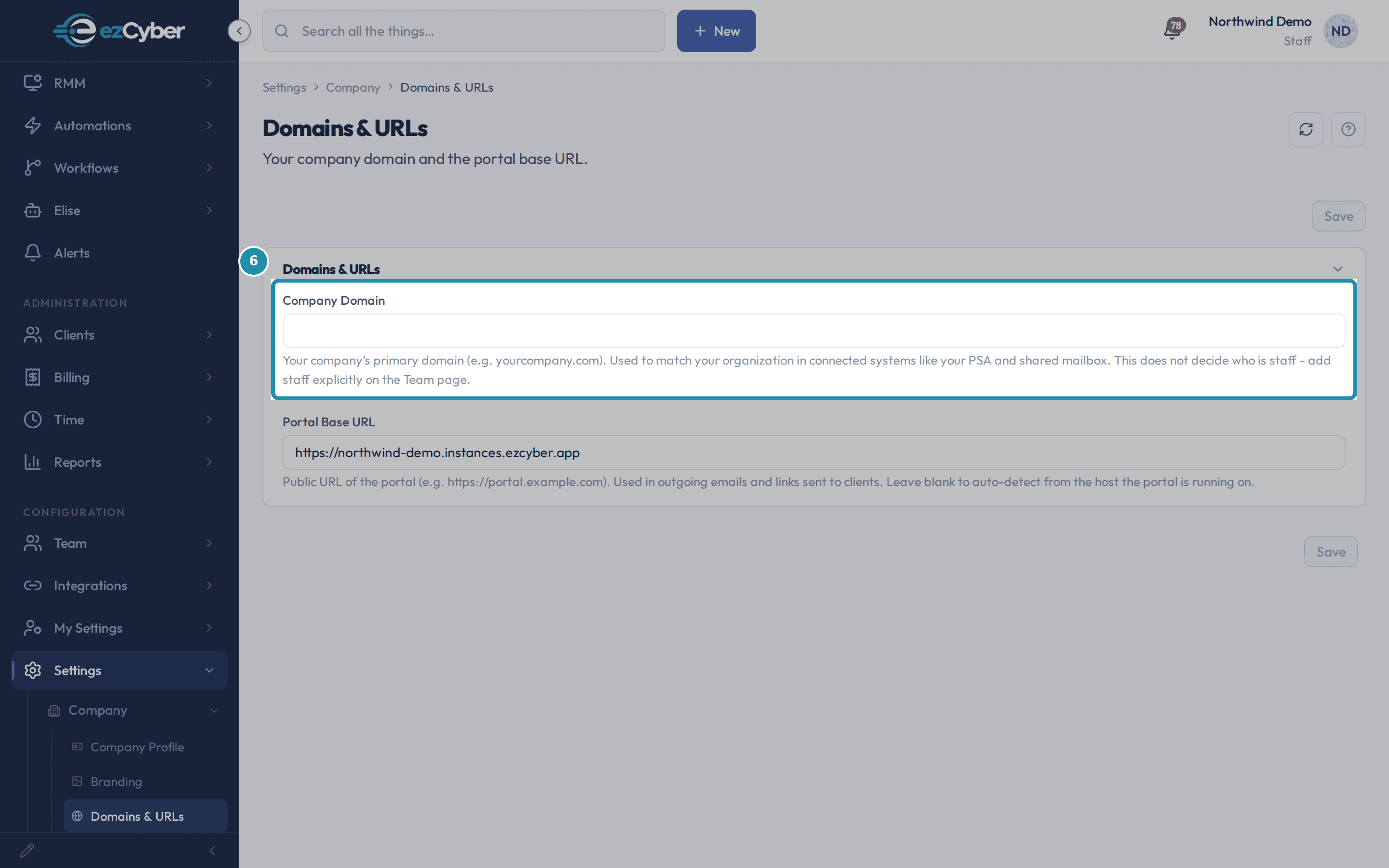The Domains & URLs page's Company Domain field, boxed, empty on this tenant, with its description reading that it does not decide who is staff.