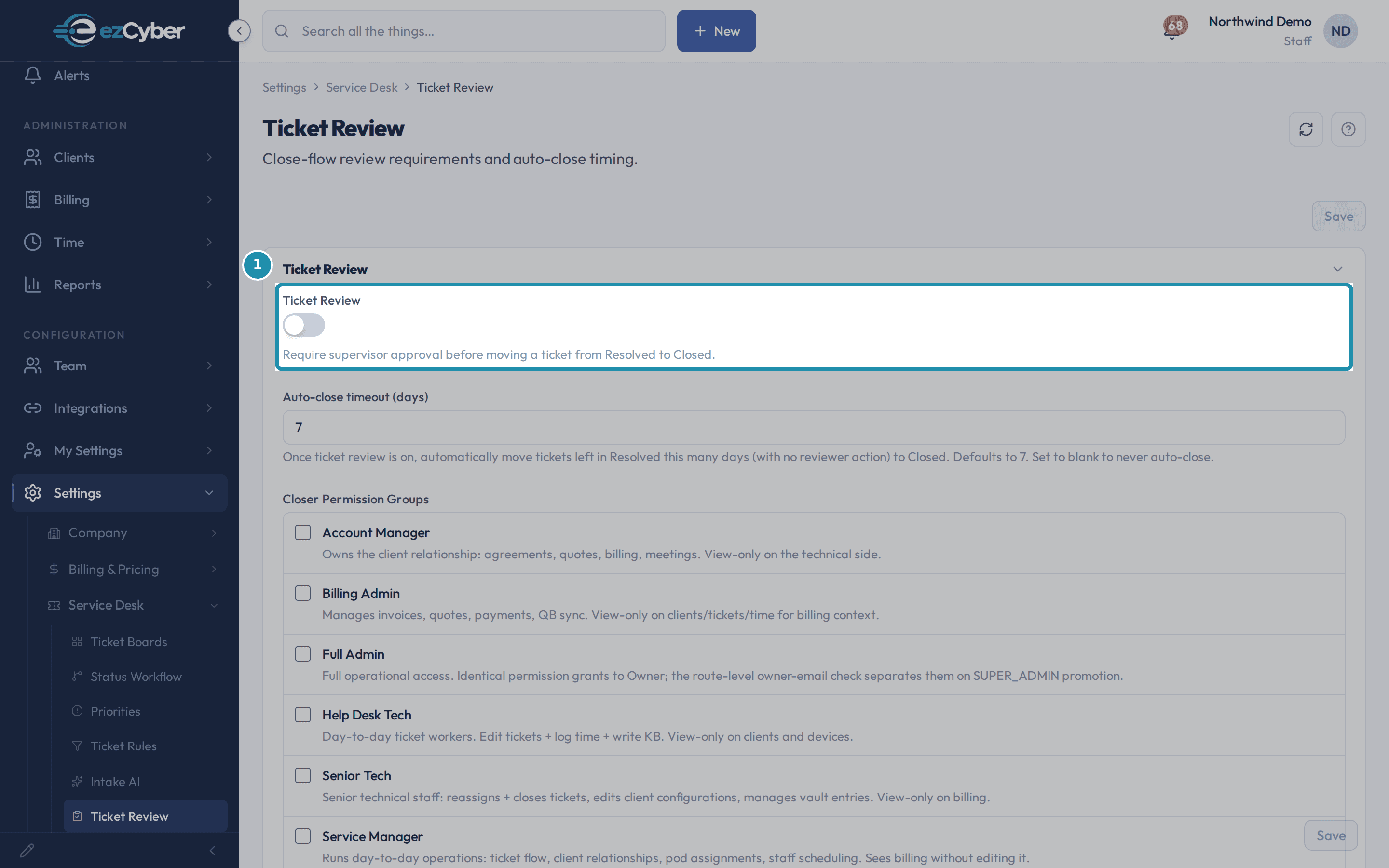 The Ticket Review toggle set to off, with its description: Require supervisor approval before moving a ticket from Resolved to Closed.