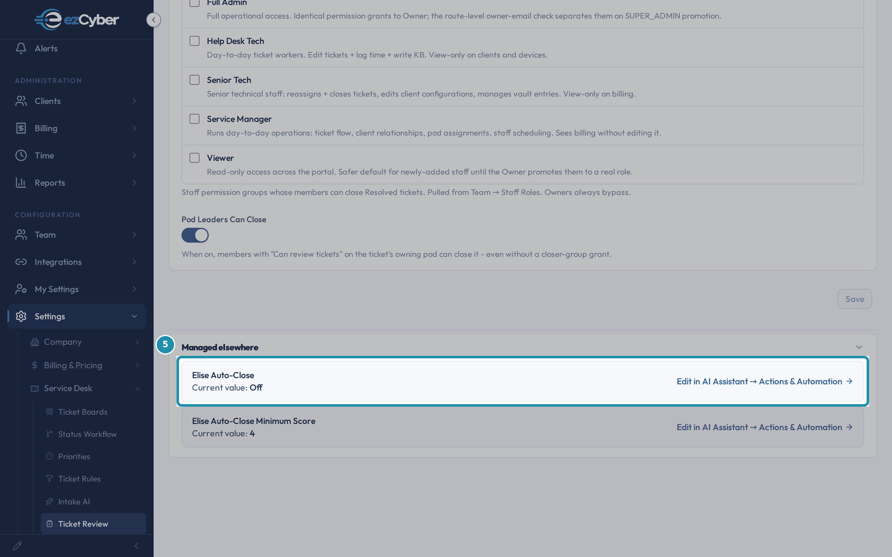 The Managed elsewhere card's Elise Auto-Close row, reading Current value: Off, with an Edit in AI Assistant > Actions & Automation link.