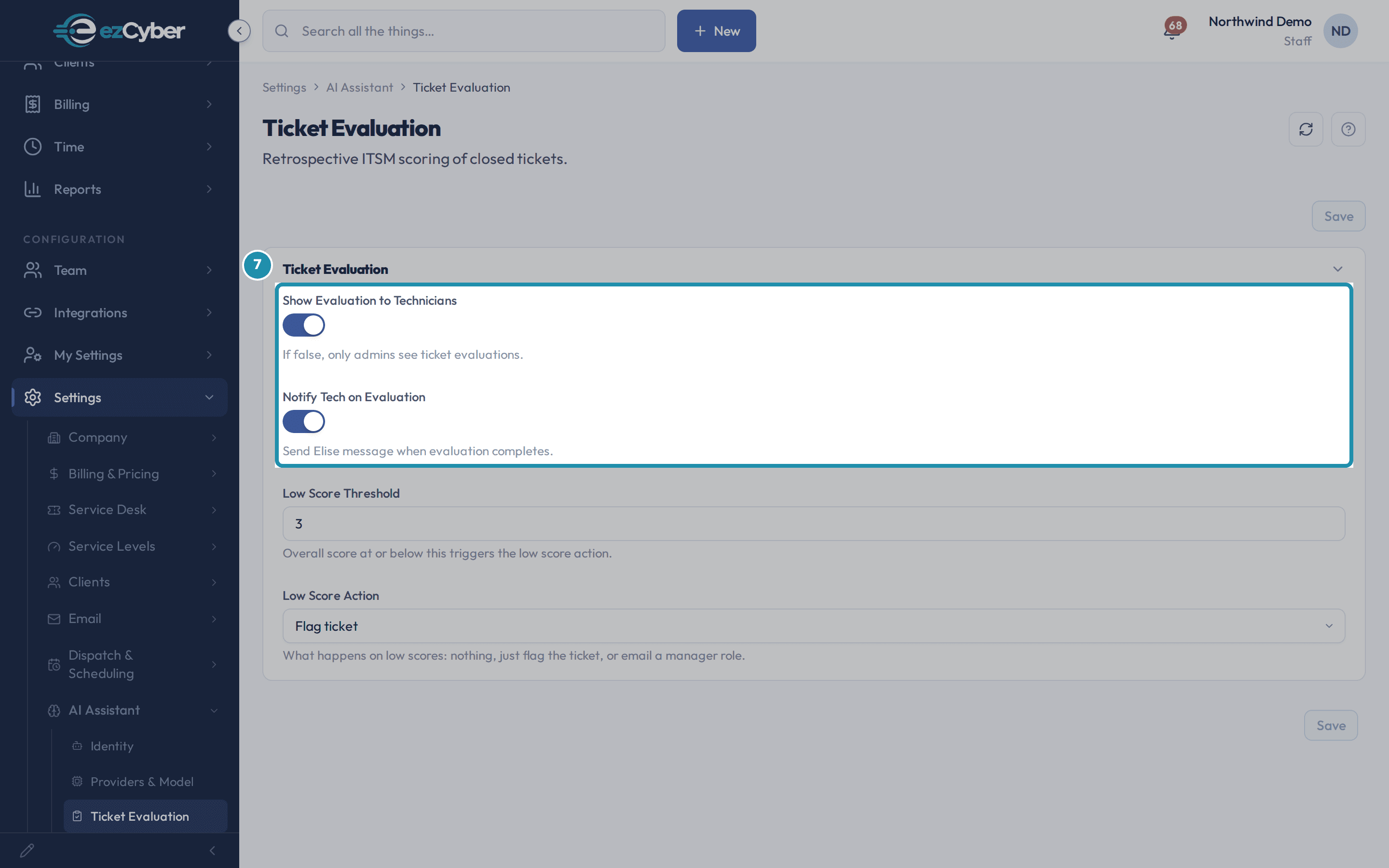 The Ticket Evaluation page's Show Evaluation to Technicians and Notify Tech on Evaluation toggles, both on.