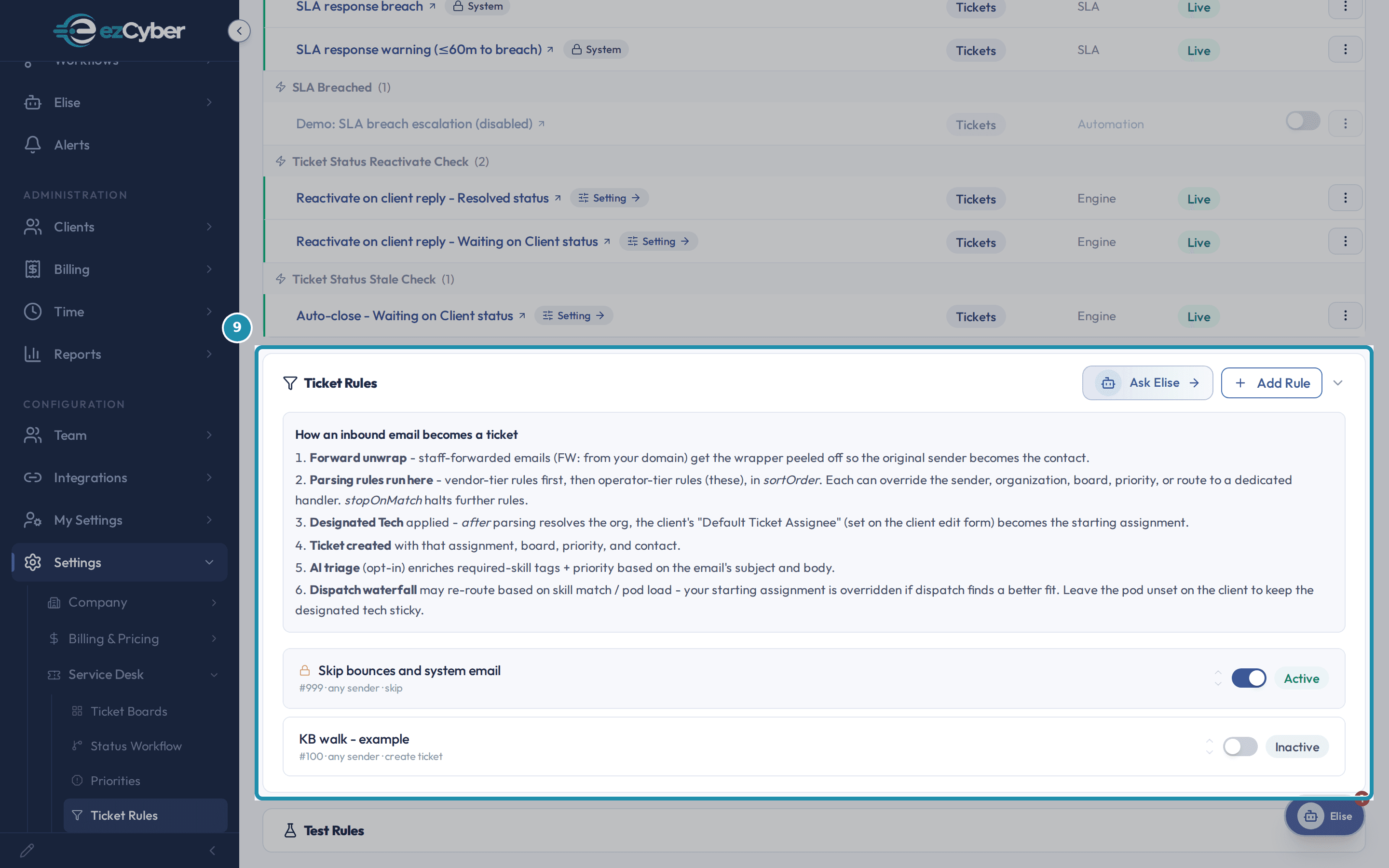 The Ticket Rules card's How an inbound email becomes a ticket list, and the Skip bounces and system email system rule row below it, Active.