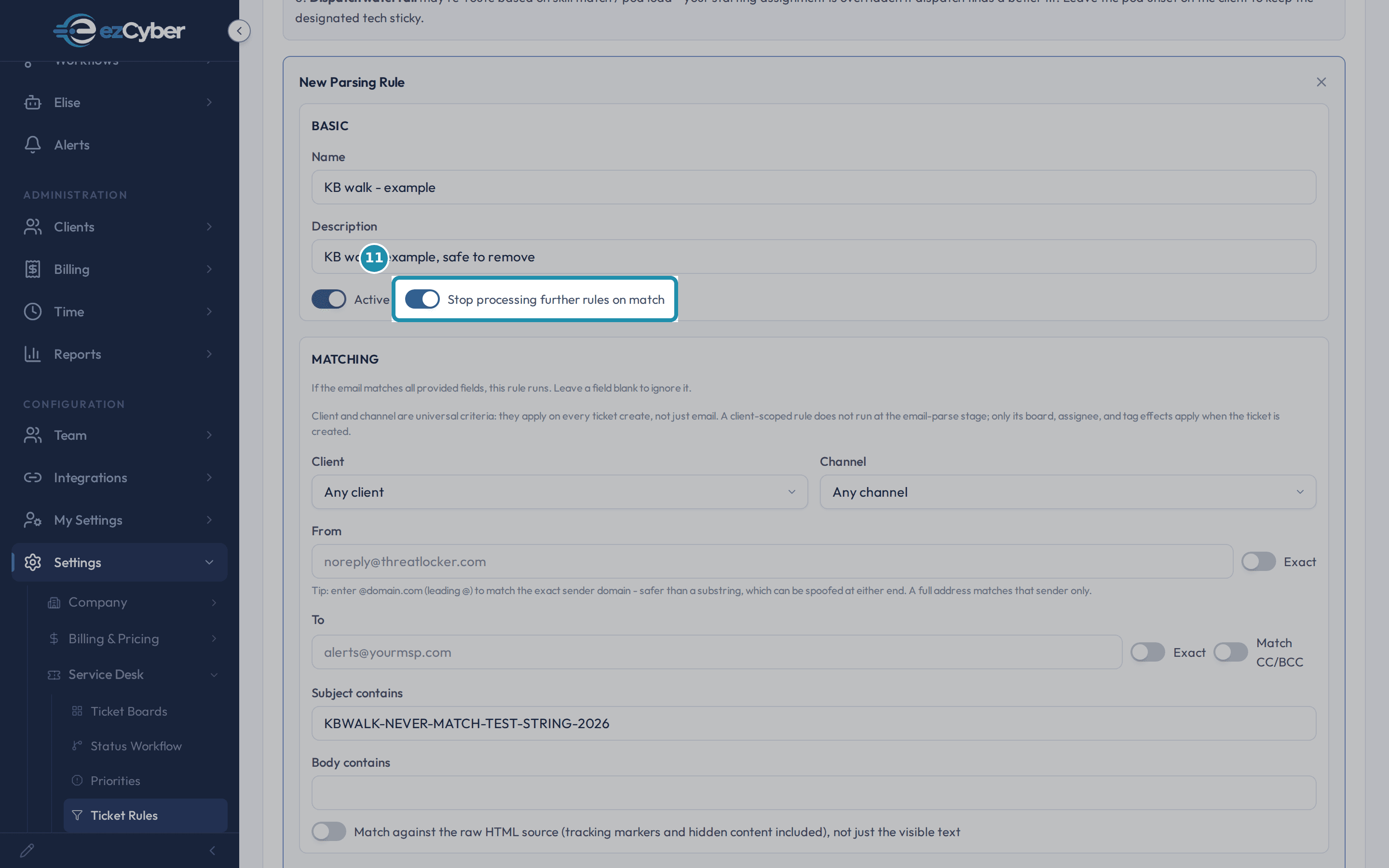 The New Parsing Rule form's Stop processing further rules on match toggle, turned on.