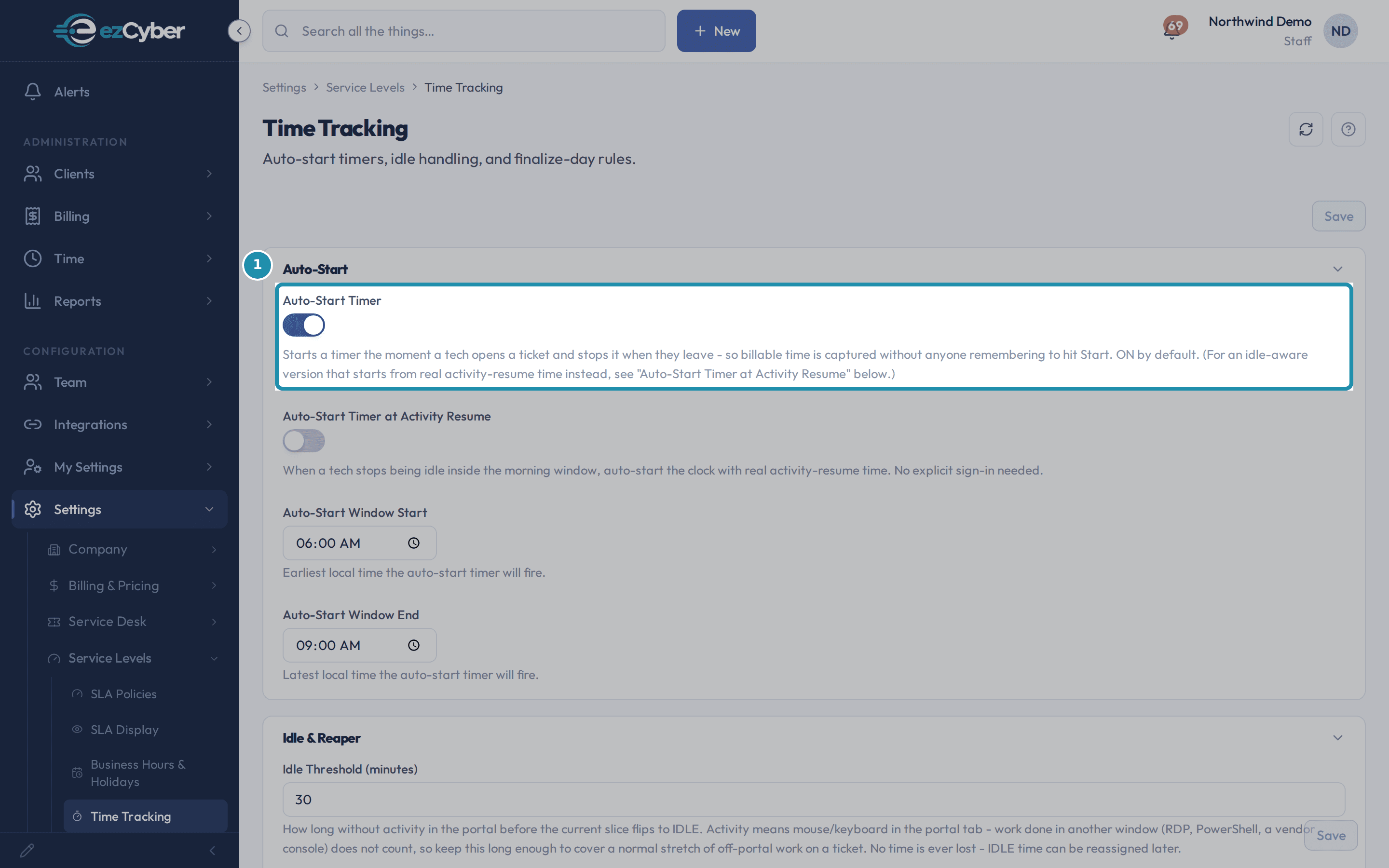 The Time Tracking page's Auto-Start card: Auto-Start Timer on, Auto-Start Timer at Activity Resume off, and the 6:00 AM to 9:00 AM auto-start window.