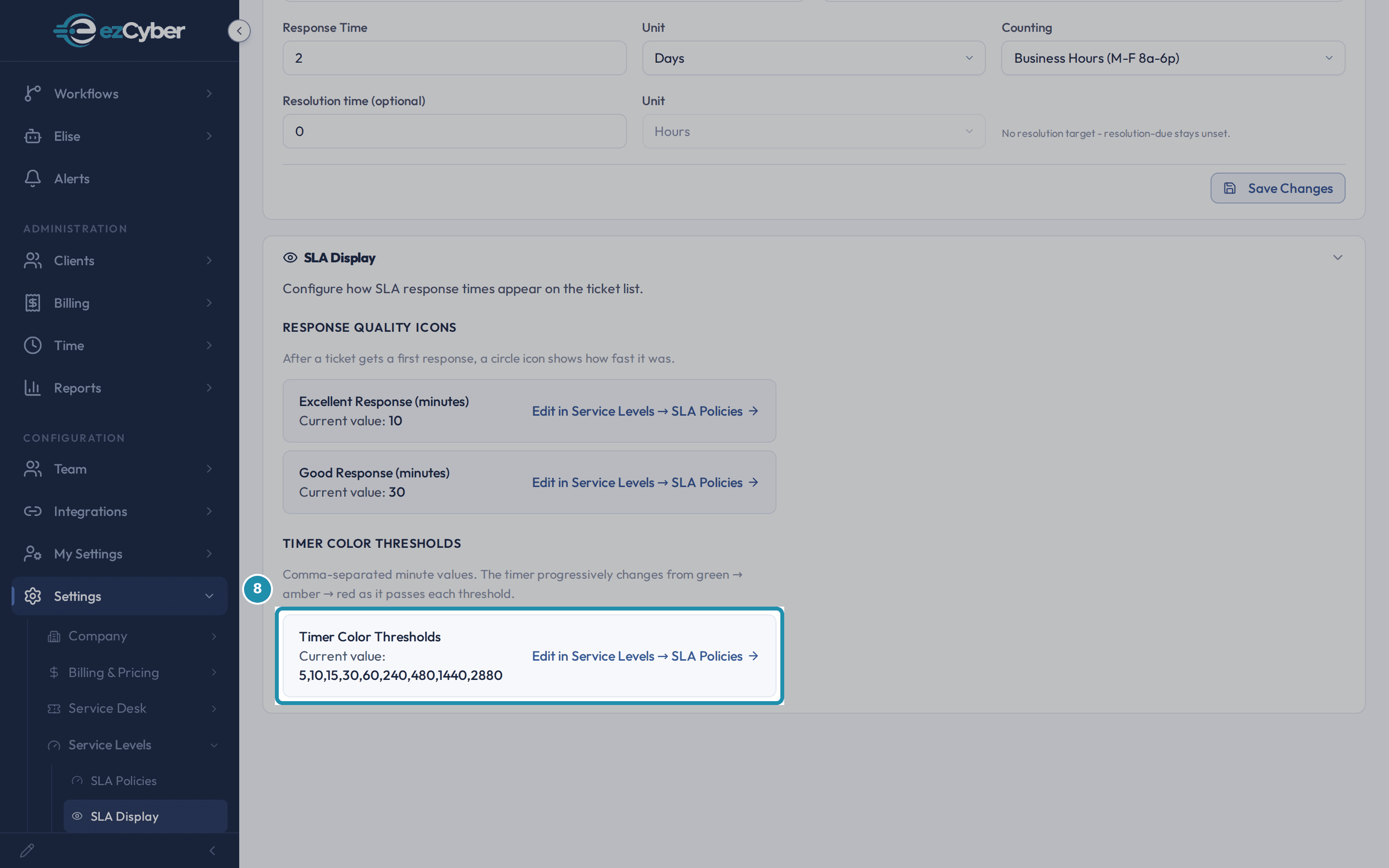 SLA Display's read-only Timer Color Thresholds card: Current value 5,10,15,30,60,240,480,1440,2880, with an Edit in Service Levels -> SLA Policies link.