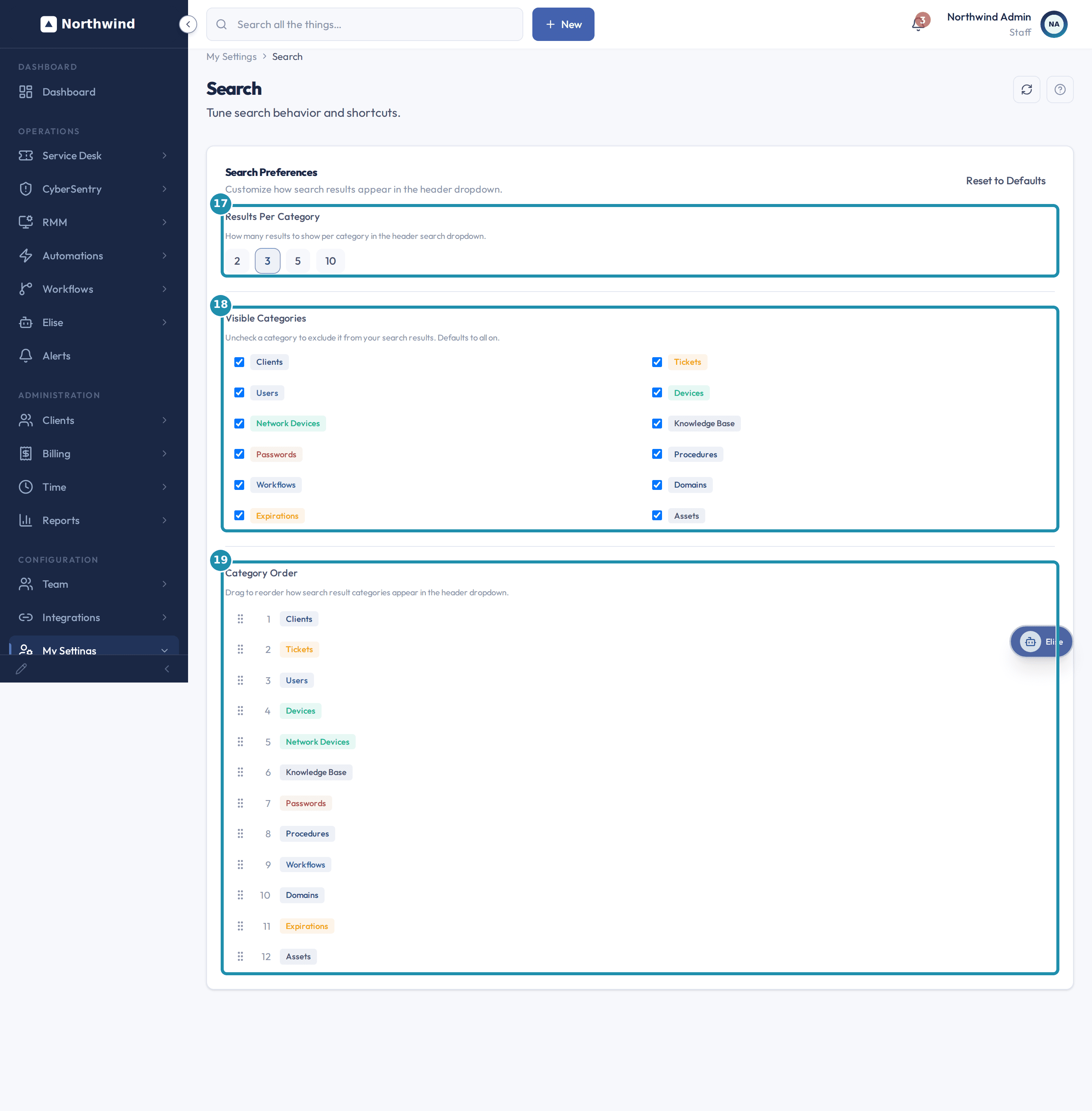 The Search page with a numbered teal badge on Results Per Category, on Visible Categories, and on Category Order.