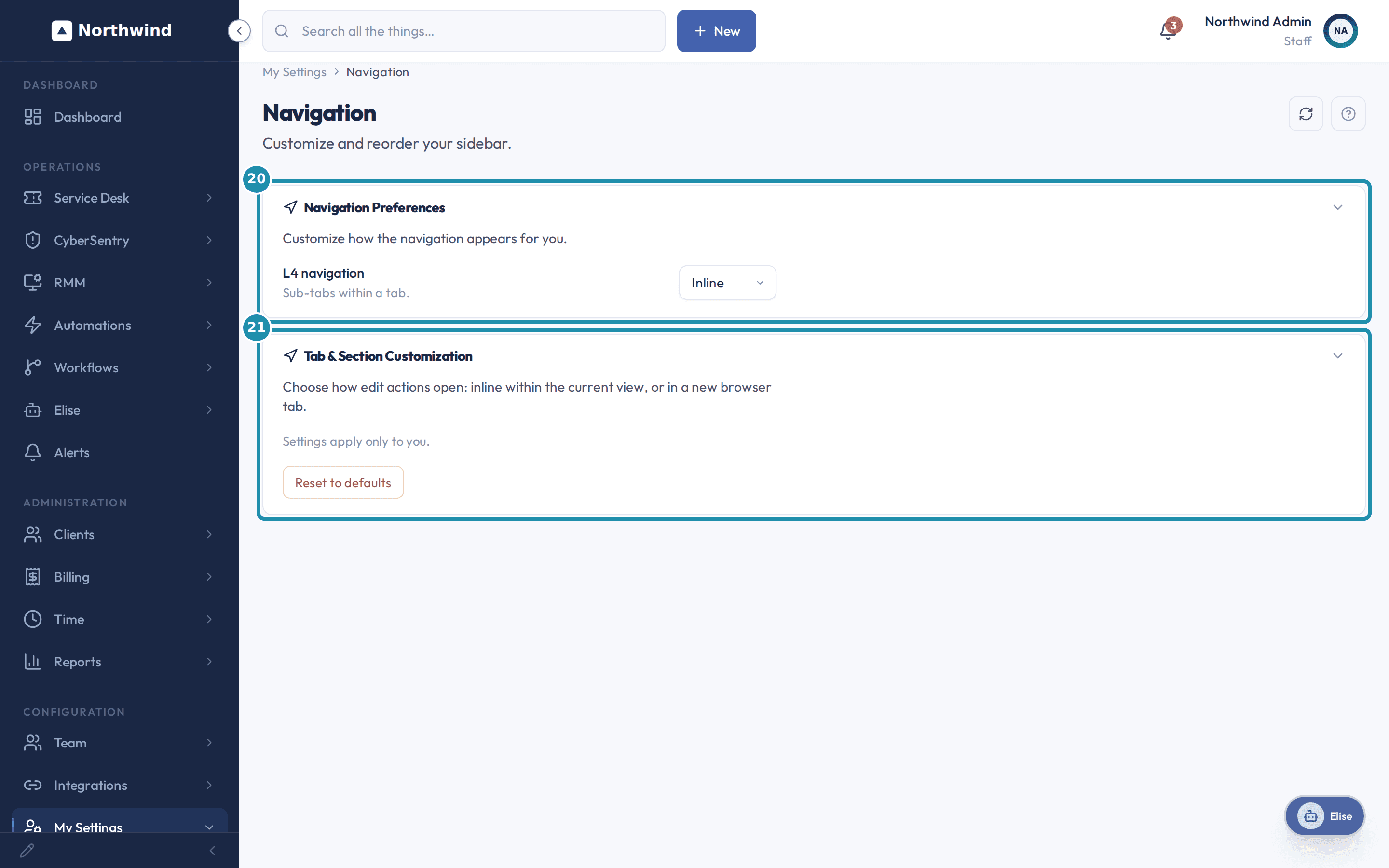 The Navigation page with a numbered teal badge on Navigation Preferences and on Tab & Section Customization.
