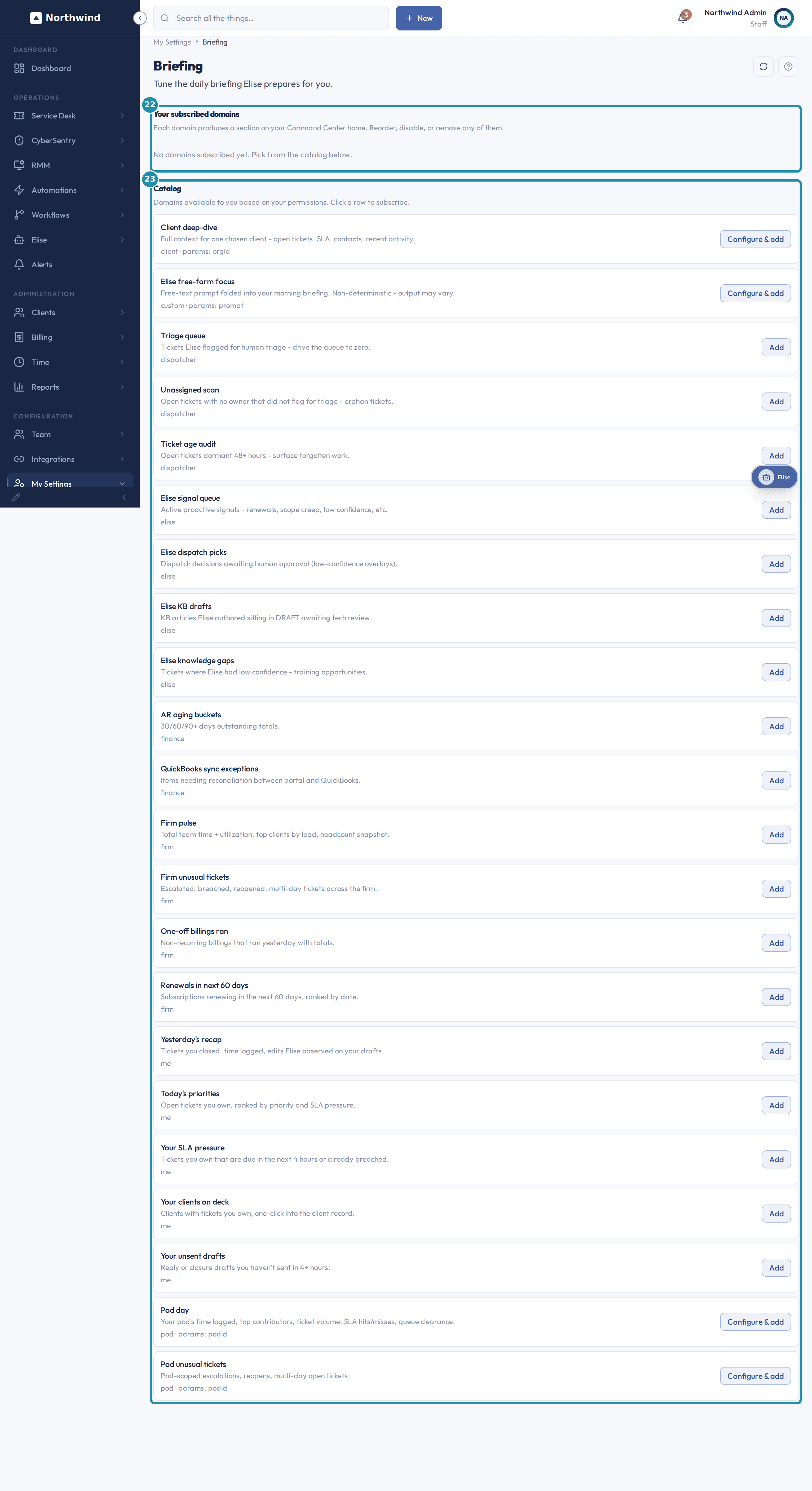 The Briefing page with a numbered teal badge on Your subscribed domains and on the Catalog list.