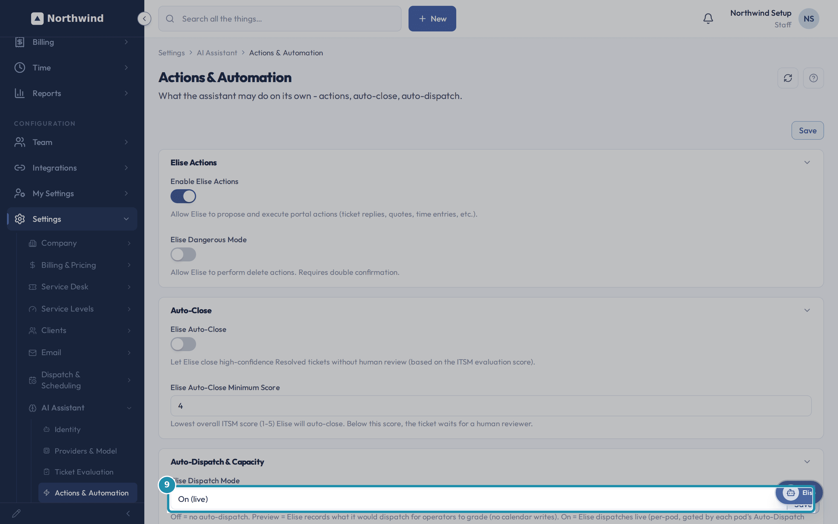 The Actions & Automation settings page with Elise Dispatch Mode set to On (live).