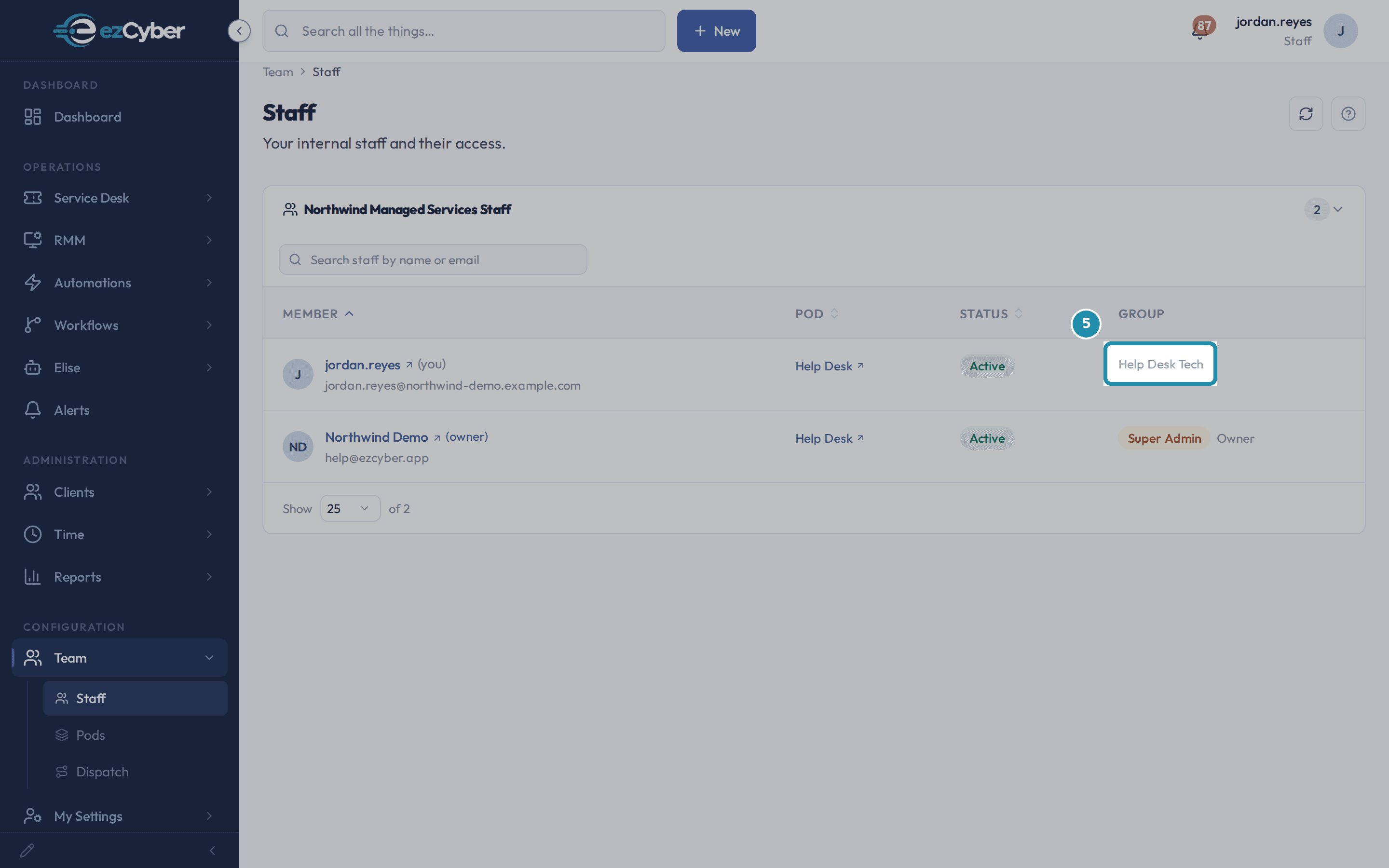 jordan.reyes's own Staff page, with the Group column showing Help Desk Tech and nothing below the staff table.