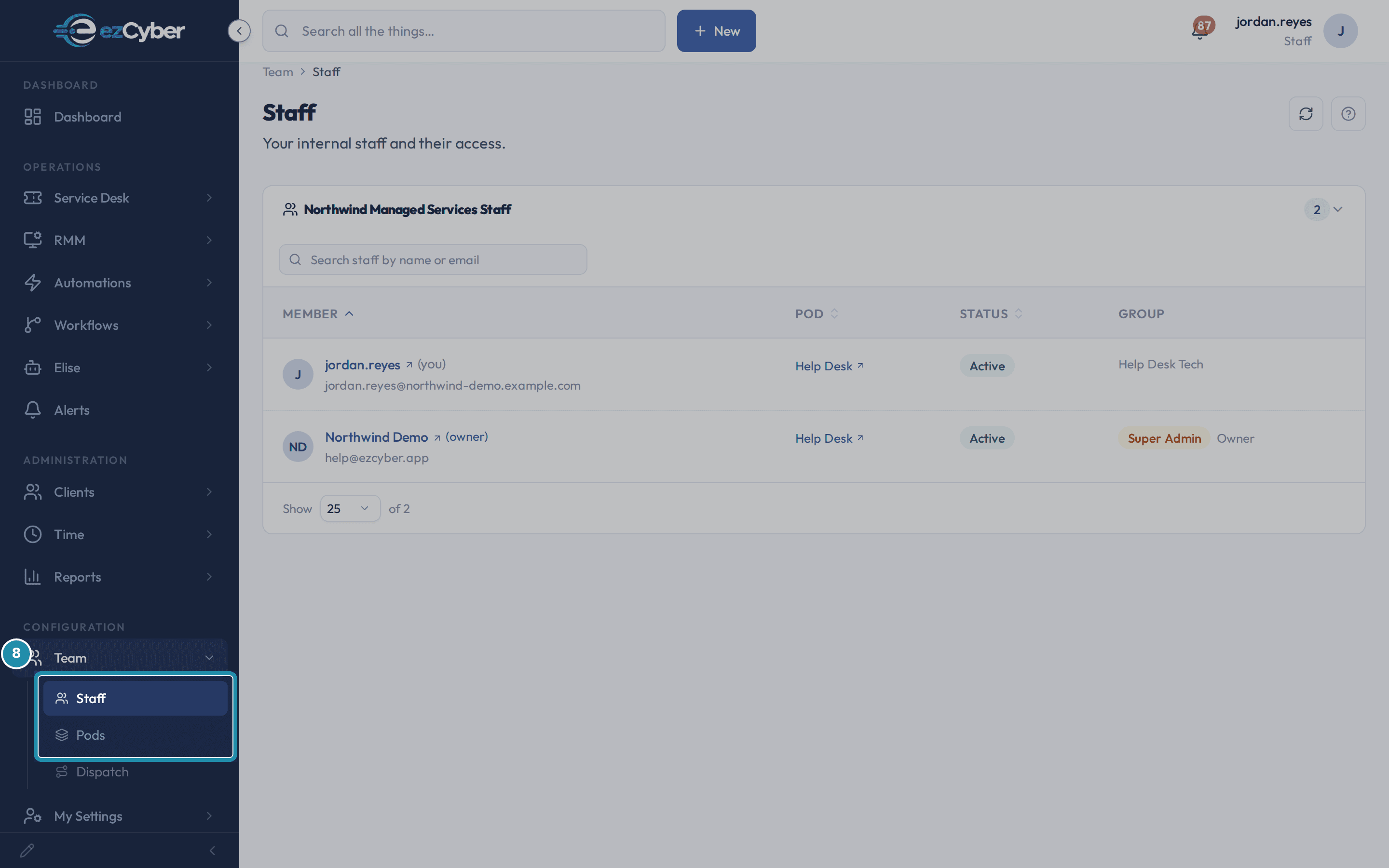 jordan.reyes's own Team sidebar menu, showing Staff and Pods but no Staff Roles item.