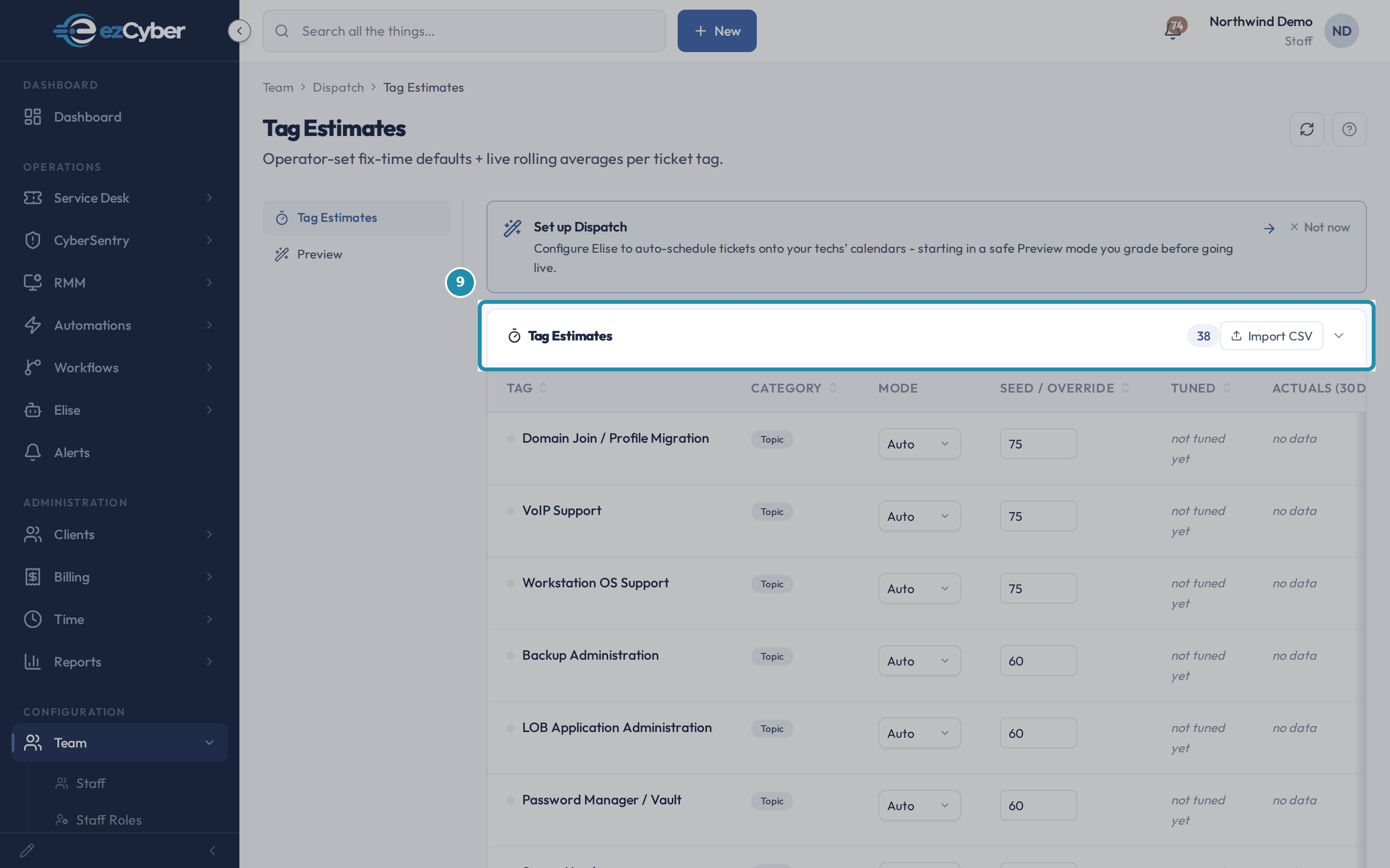 The Tag Estimates table, showing the Tag, Category, Mode, Seed/Override, Tuned, and Actuals columns.