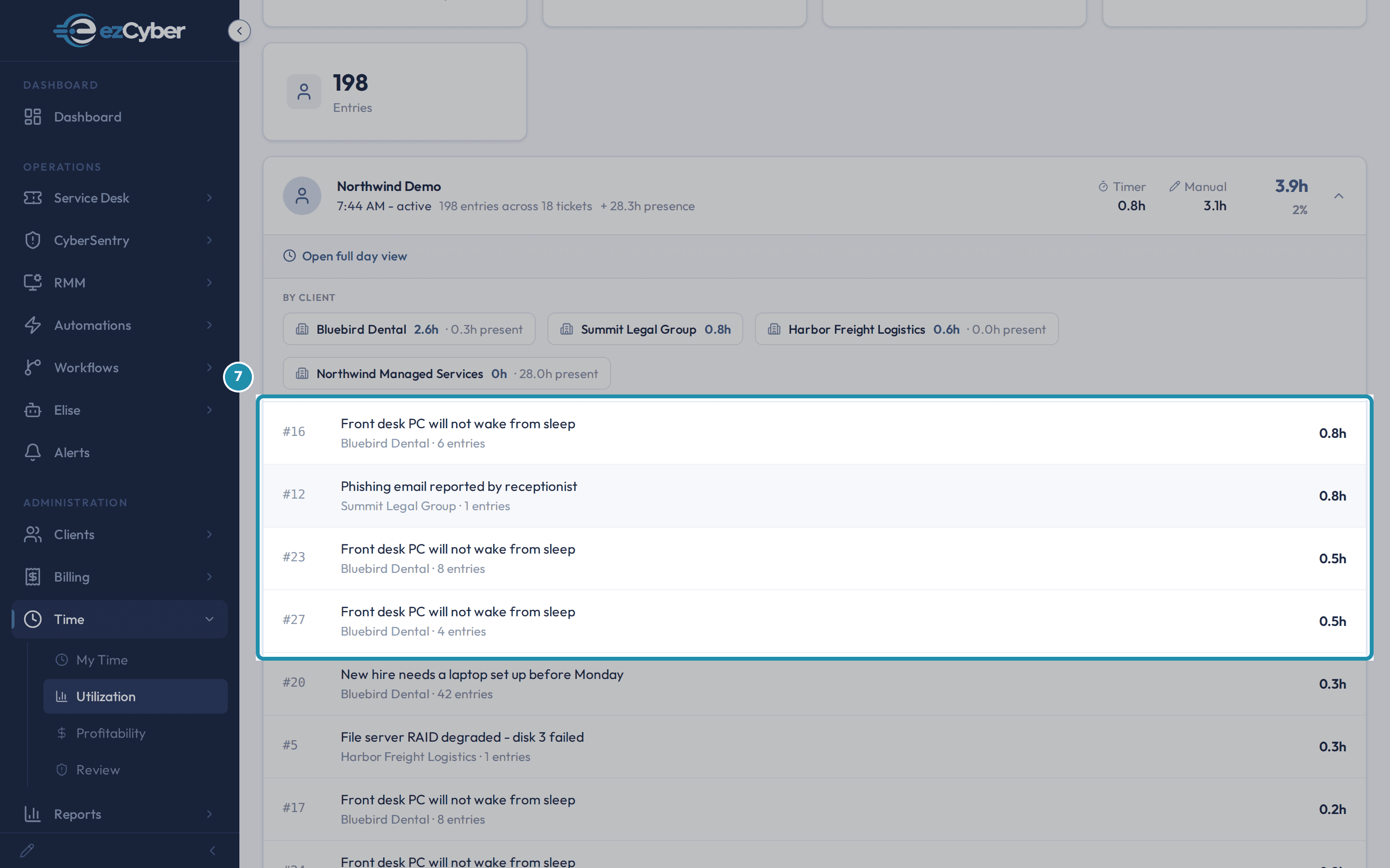 The ticket by ticket list under a tech's expanded row, showing tickets 16, 12, 23 and 27 with their client names, entry counts and logged minutes.