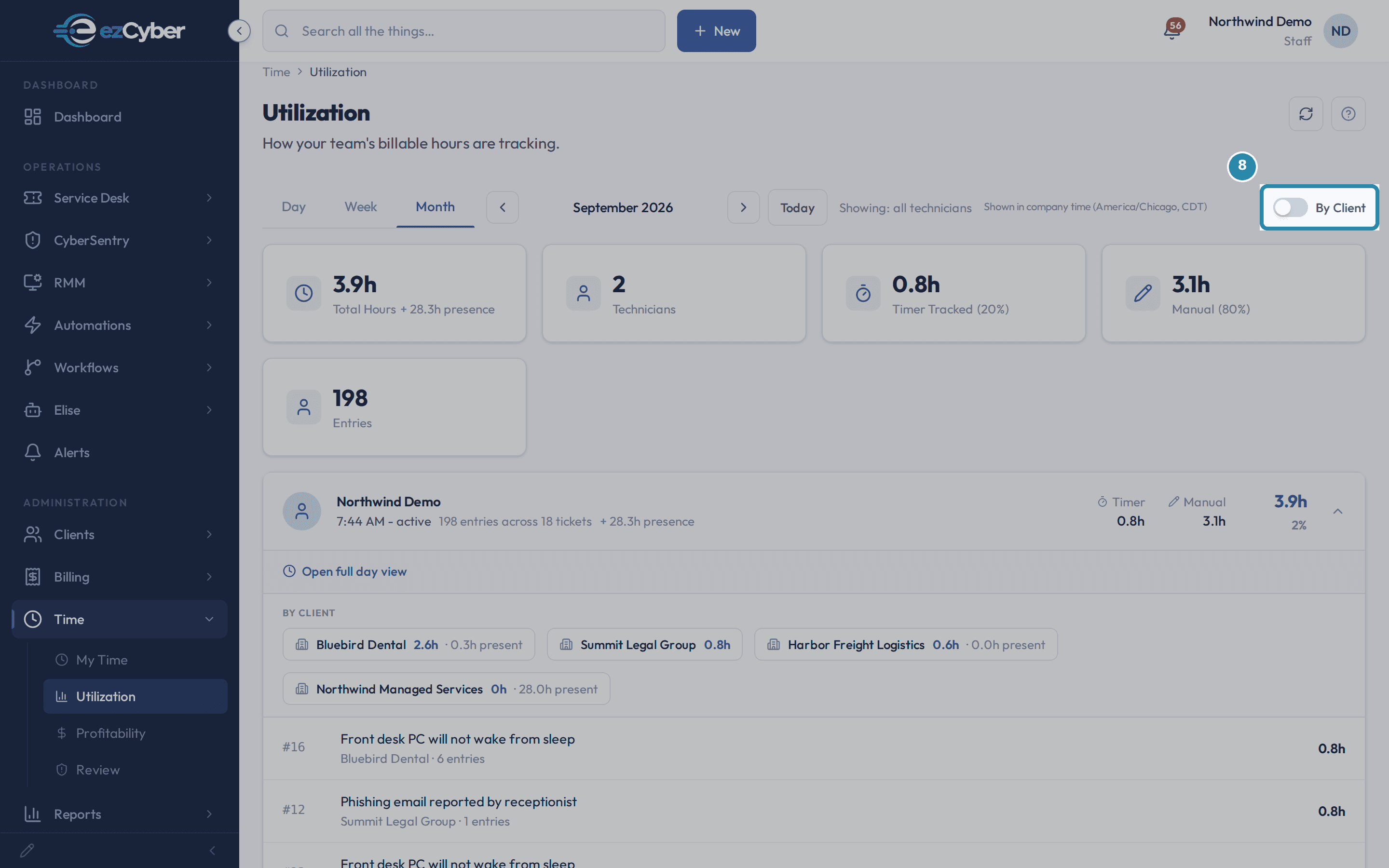 The By Client toggle in the top right of the Utilization page, switched on.