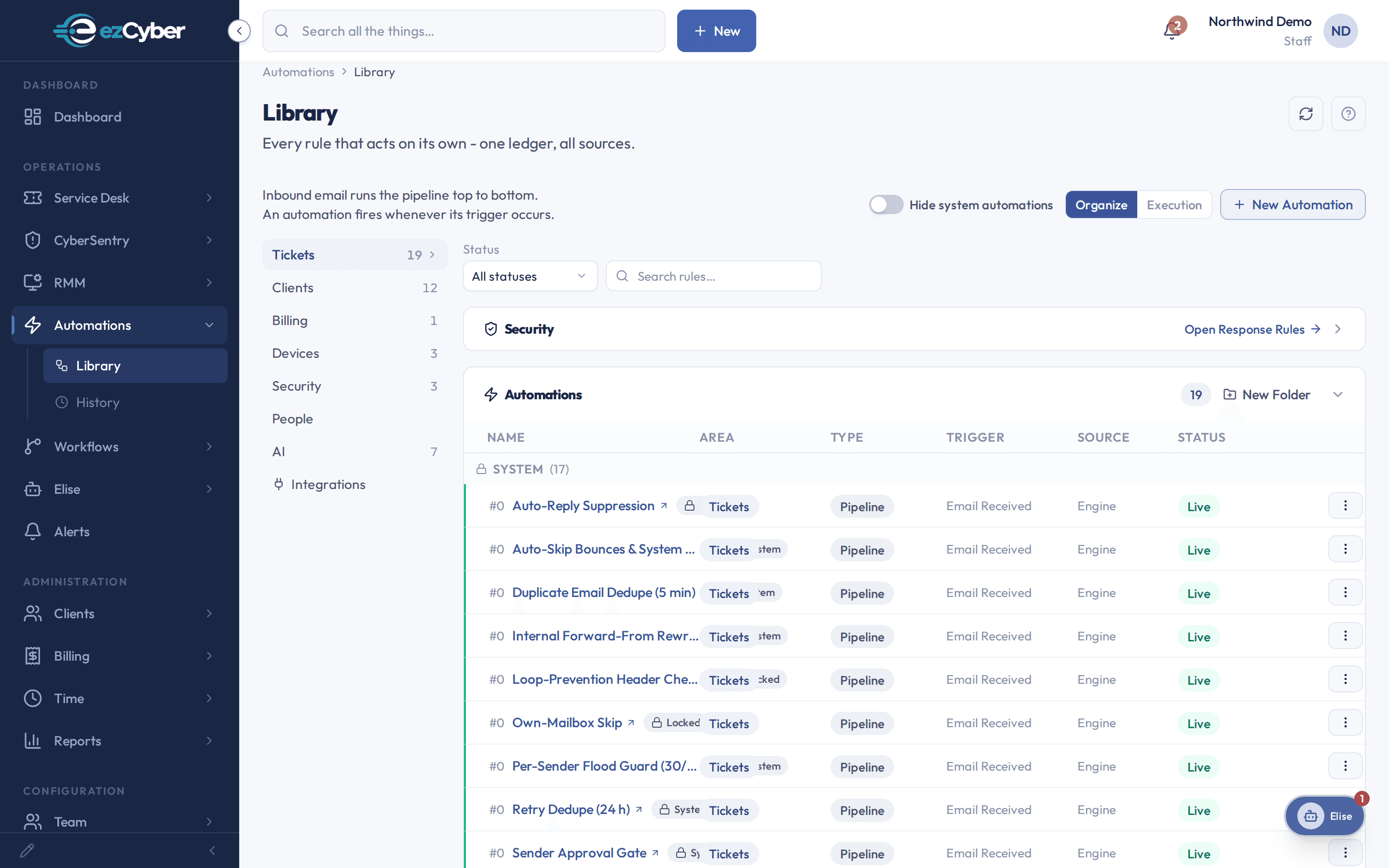 The ezCyber automations library: every self-acting rule in one ledger with trigger, source, and live status