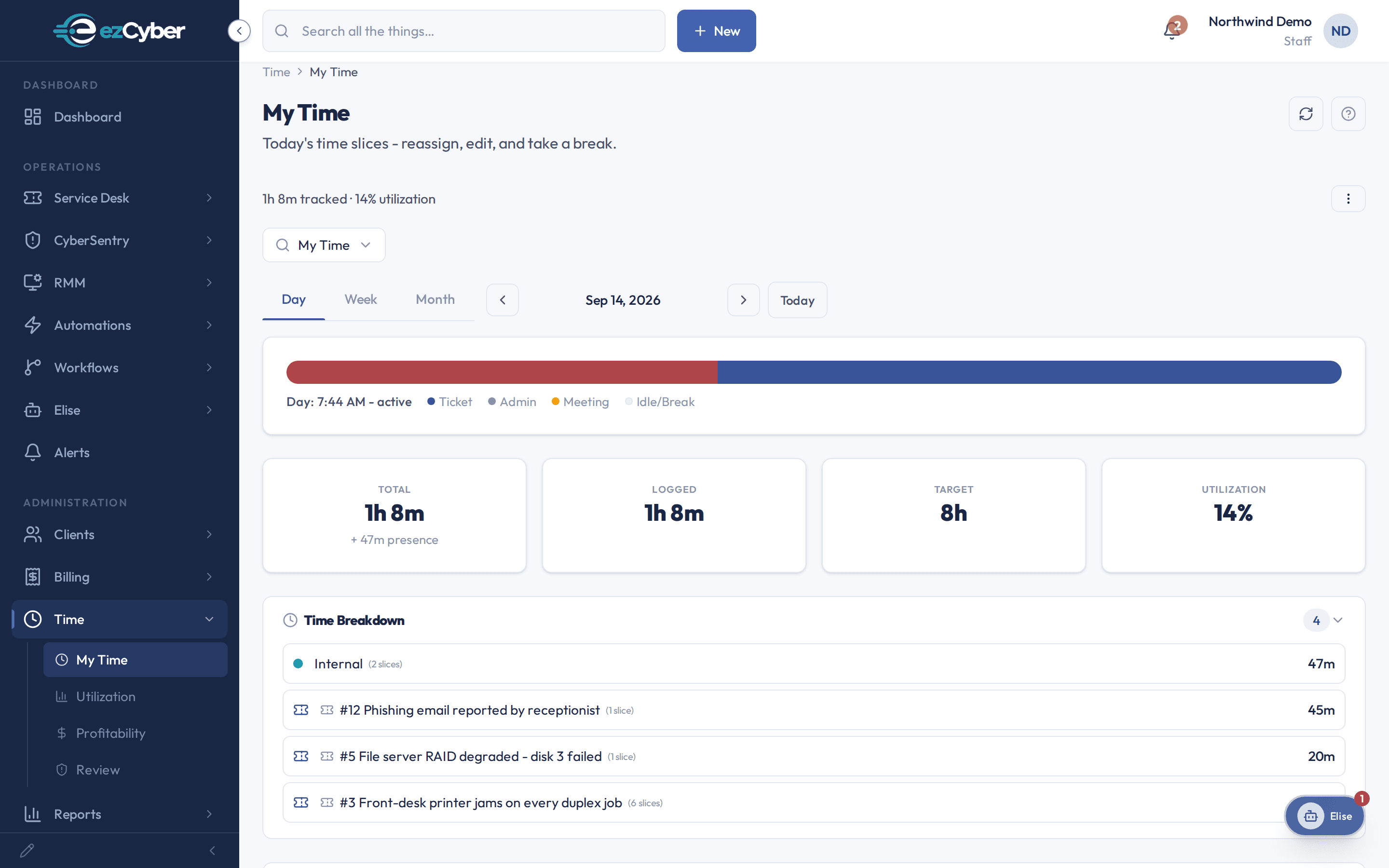 My Time in ezCyber: 5h 21m tracked automatically across tickets, day timeline, utilization