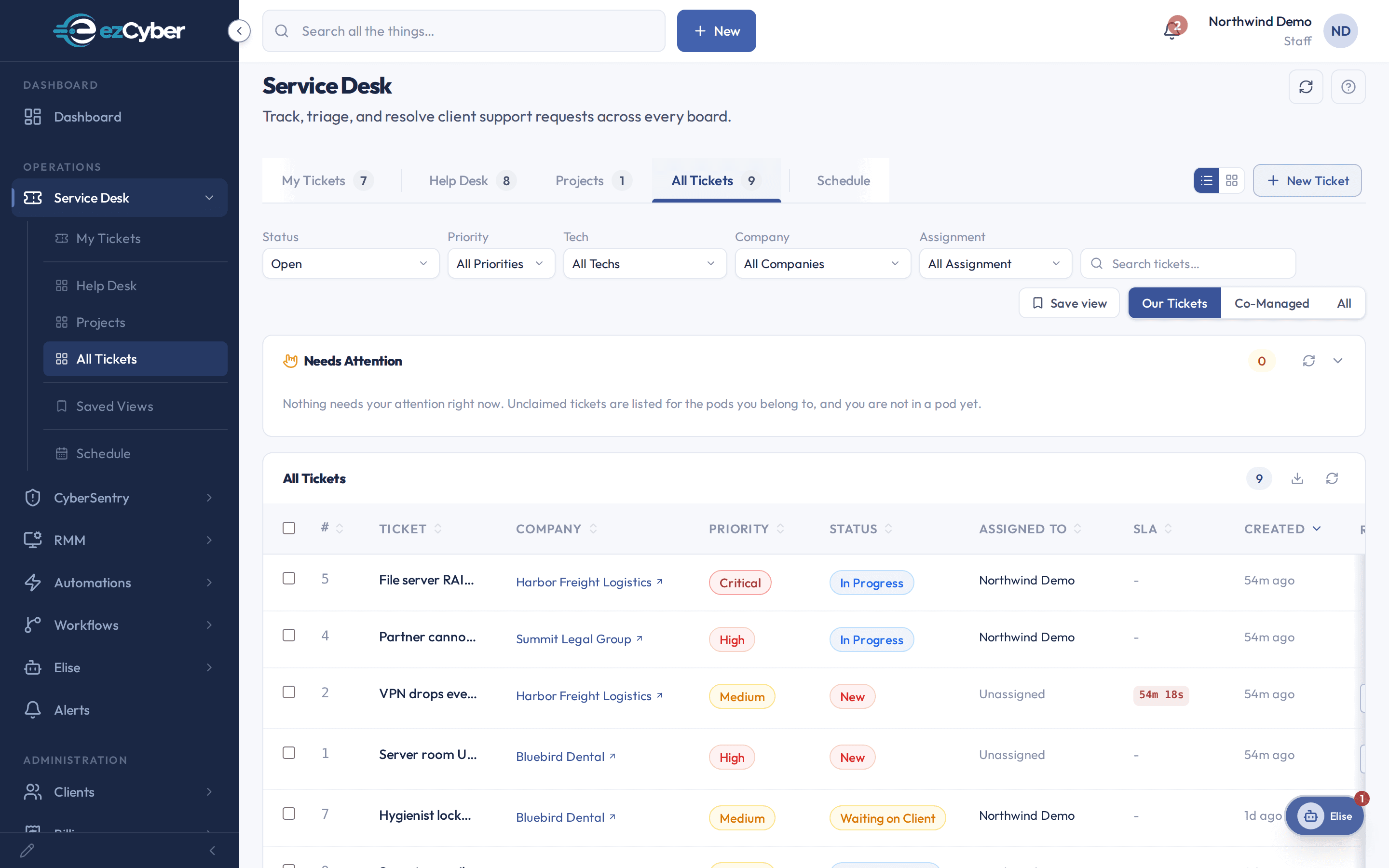 The ezCyber service desk: boards, priorities, statuses across every client